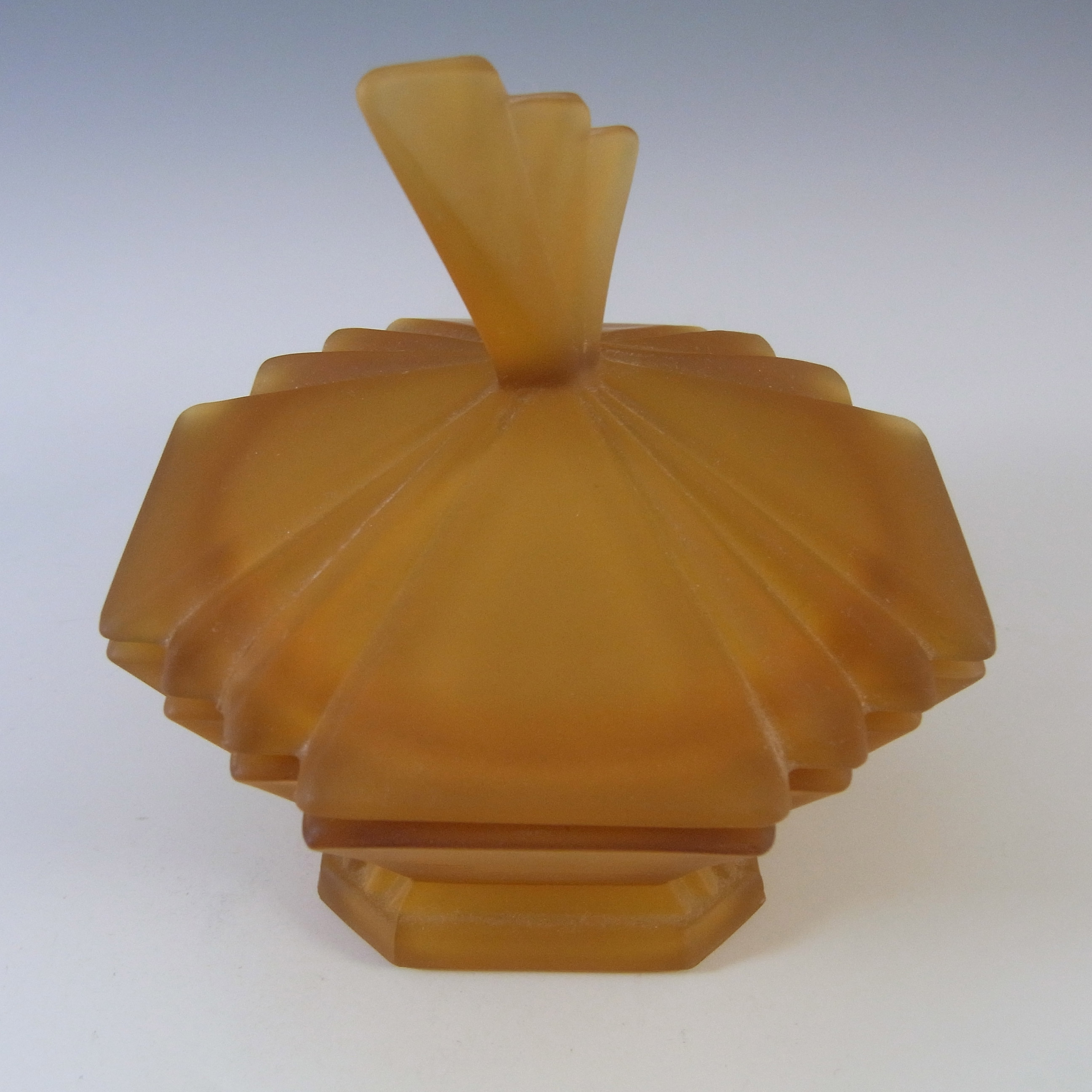 Bagley #3057 Art Deco Frosted Amber Glass 'Bedford' Trinket Bowl/Pot - Click Image to Close