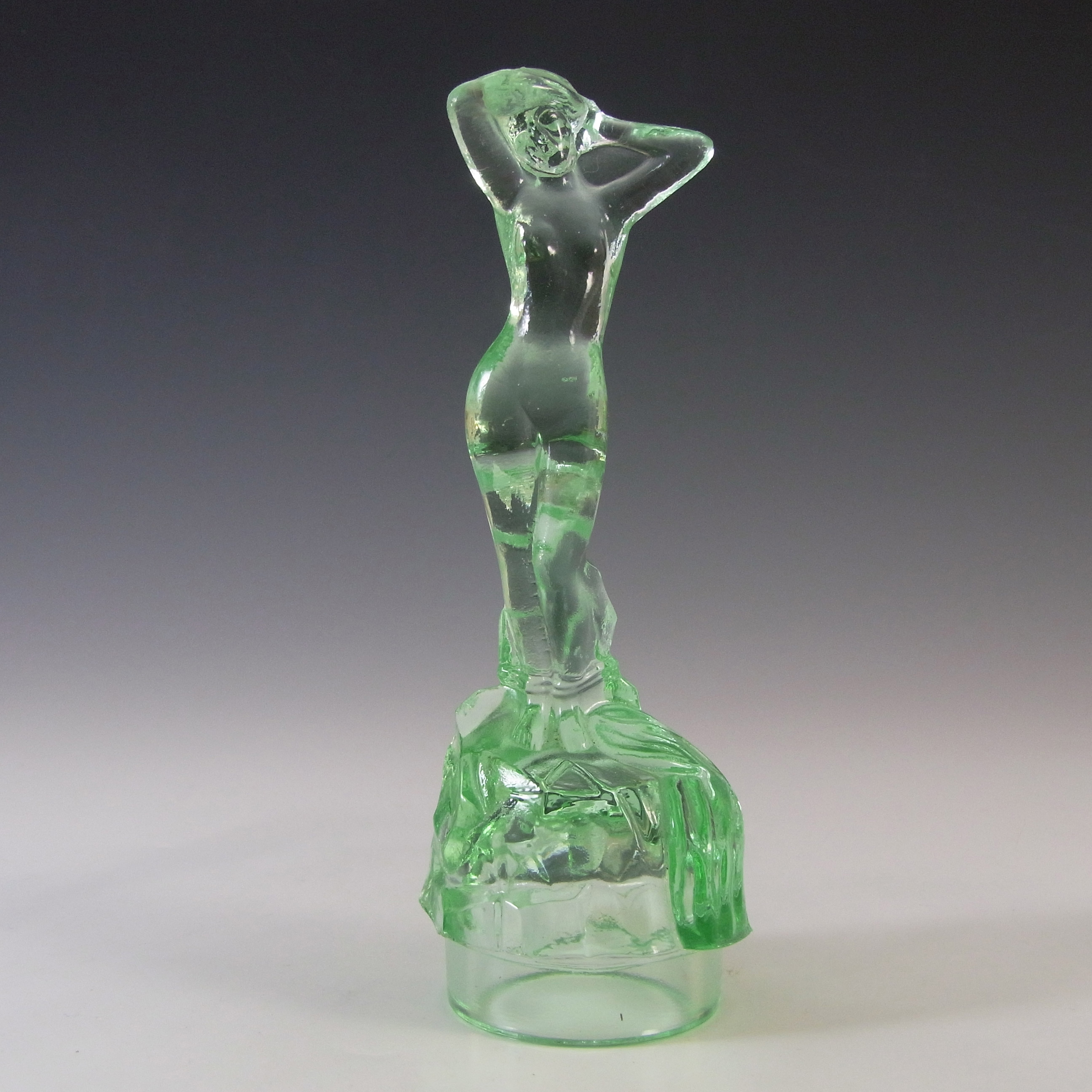 Bagley Art Deco Vintage Green Glass Andromeda Nude Lady 