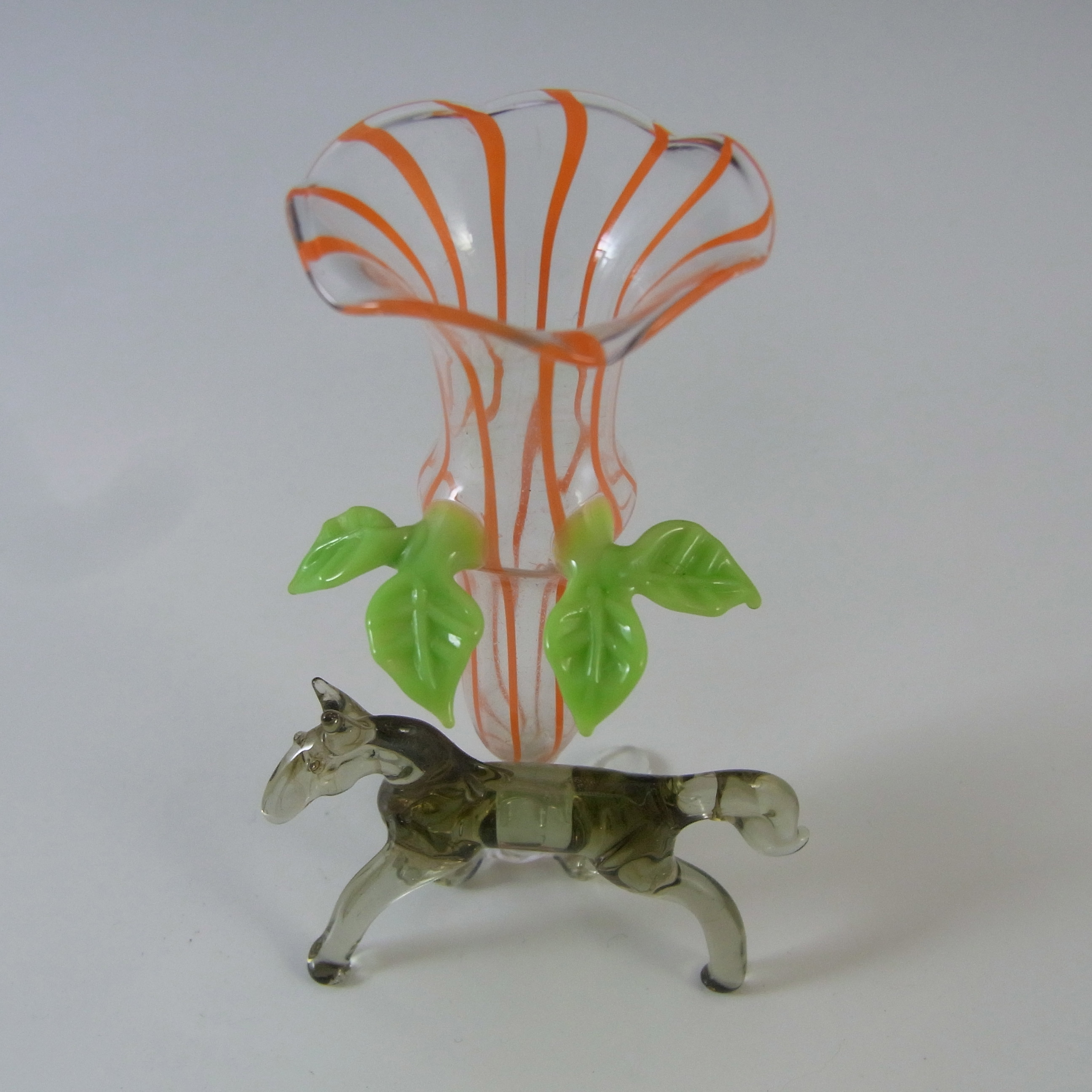 (image for) Vintage Orange & Grey Lampworked Glass Horse Vase - Click Image to Close