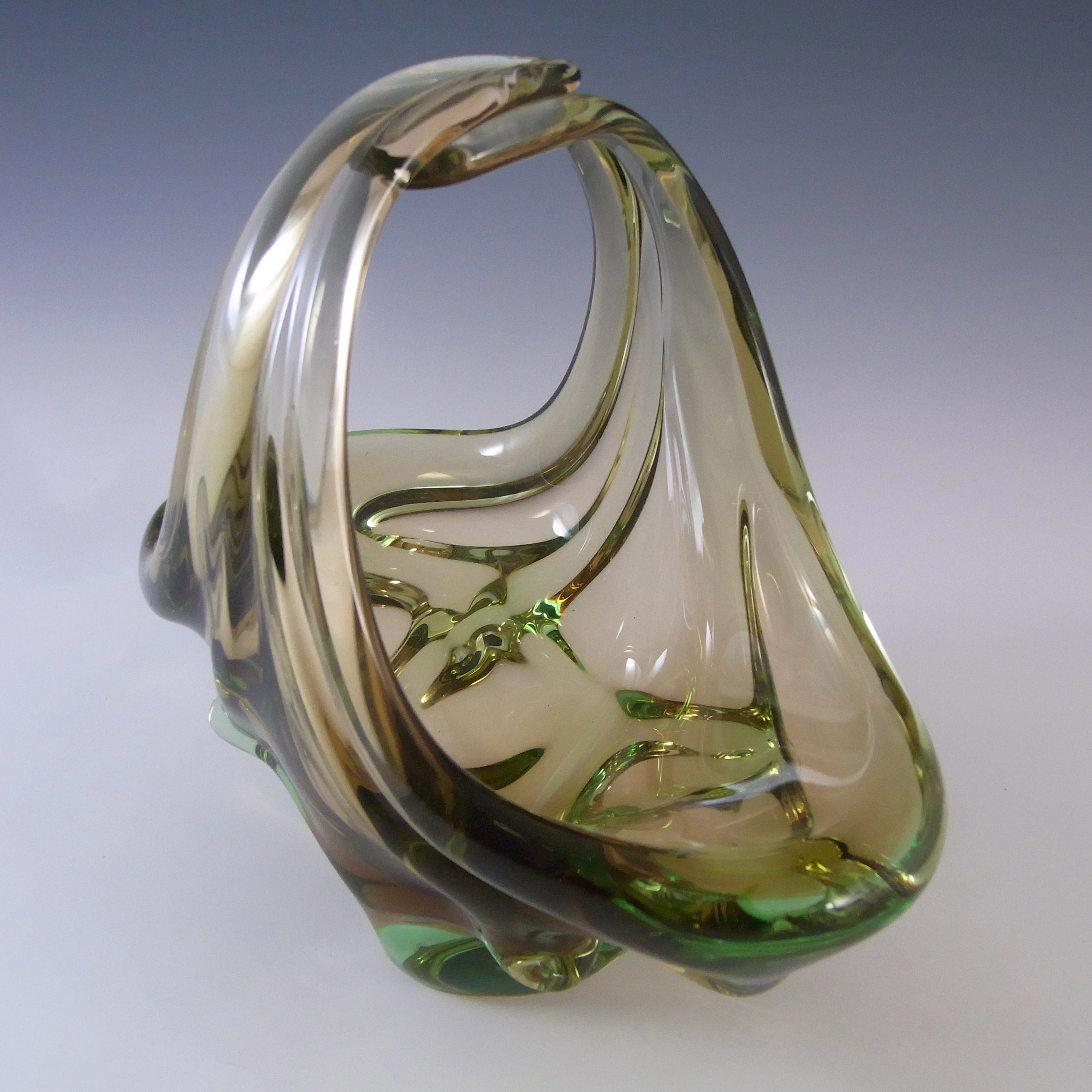 (image for) Skrdlovice #6448 Czech Amber & Green Glass Bowl by Jan Beránek - Click Image to Close