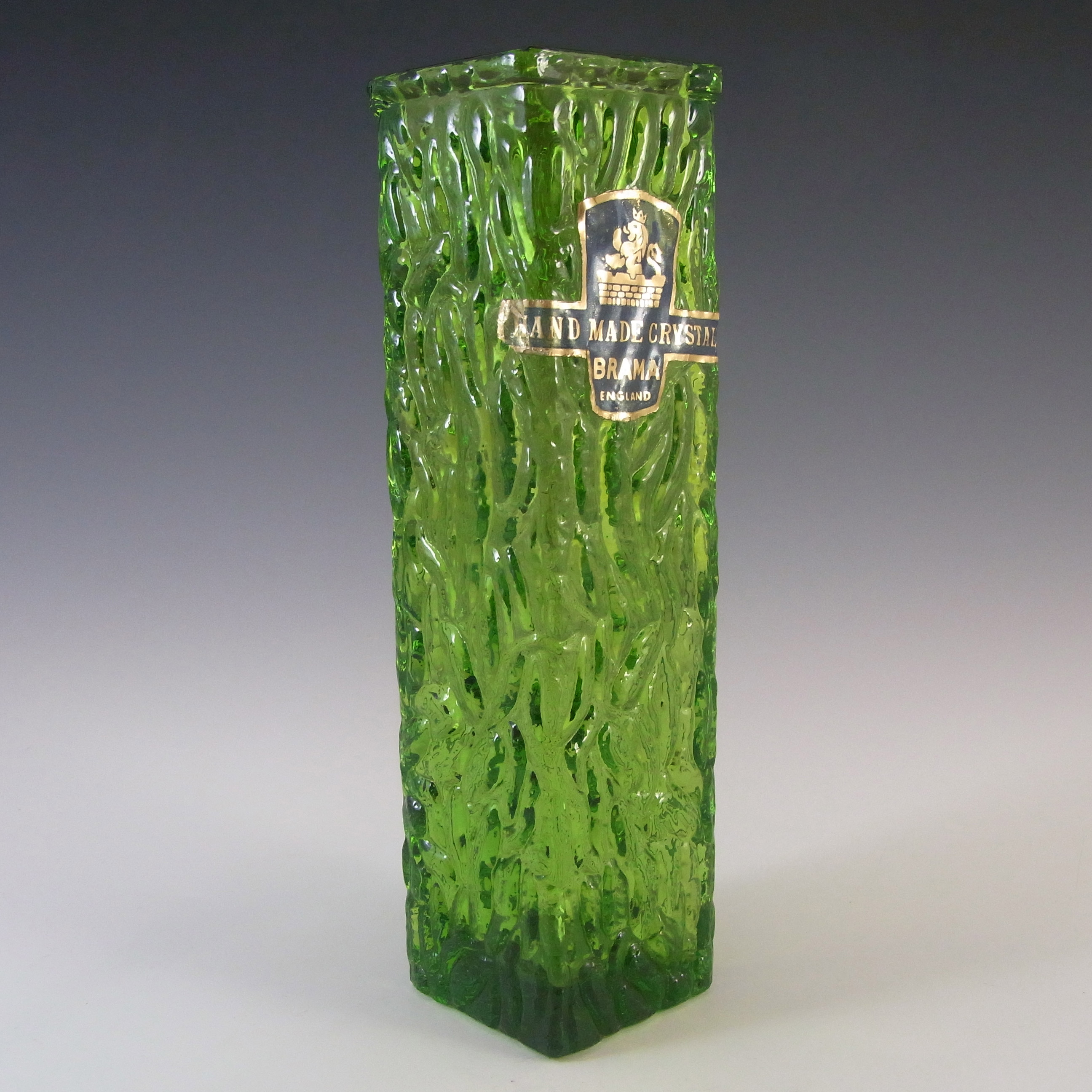 (image for) LABELLED Davidson British Green Bark Textured Glass "Luna" Vase - Click Image to Close