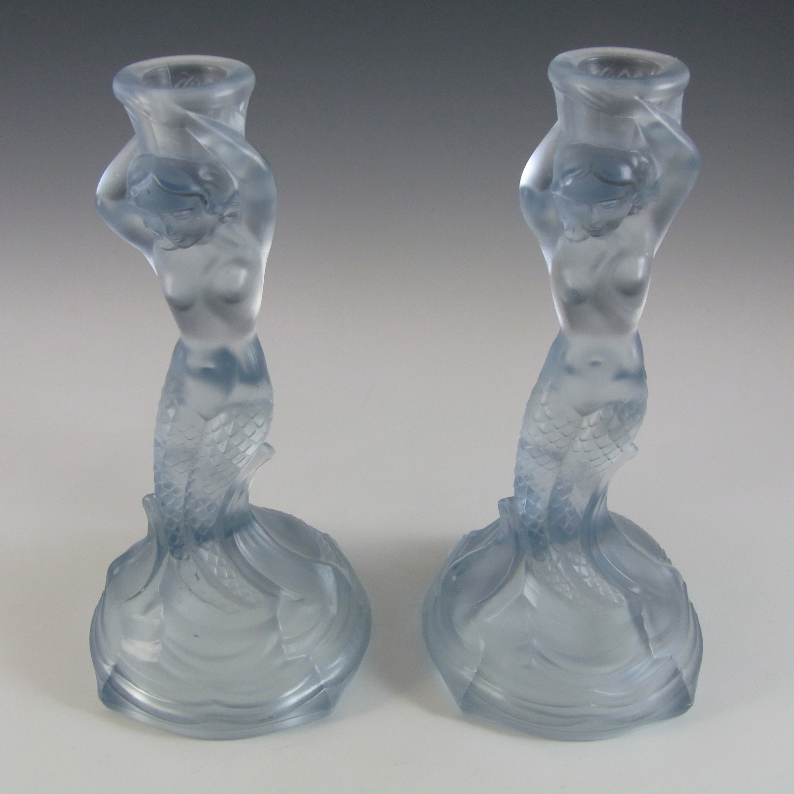 Walther & Söhne Art Deco Blue Glass 'Nymphen' Candlesticks - Click Image to Close