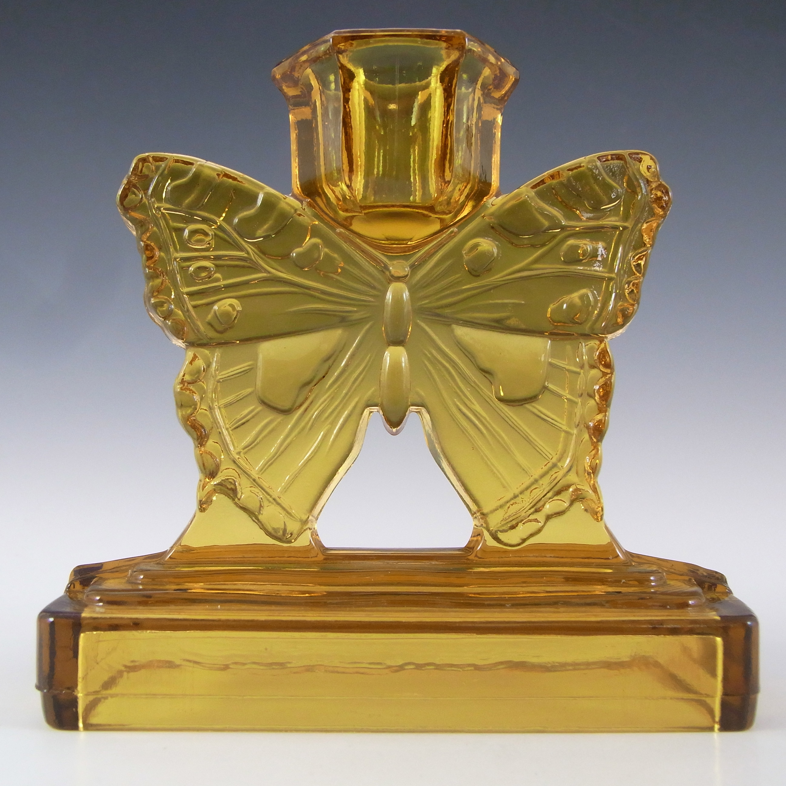 Bagley #3003 Art Deco Vintage Amber Glass 'Butterfly' Candlesticks - Click Image to Close