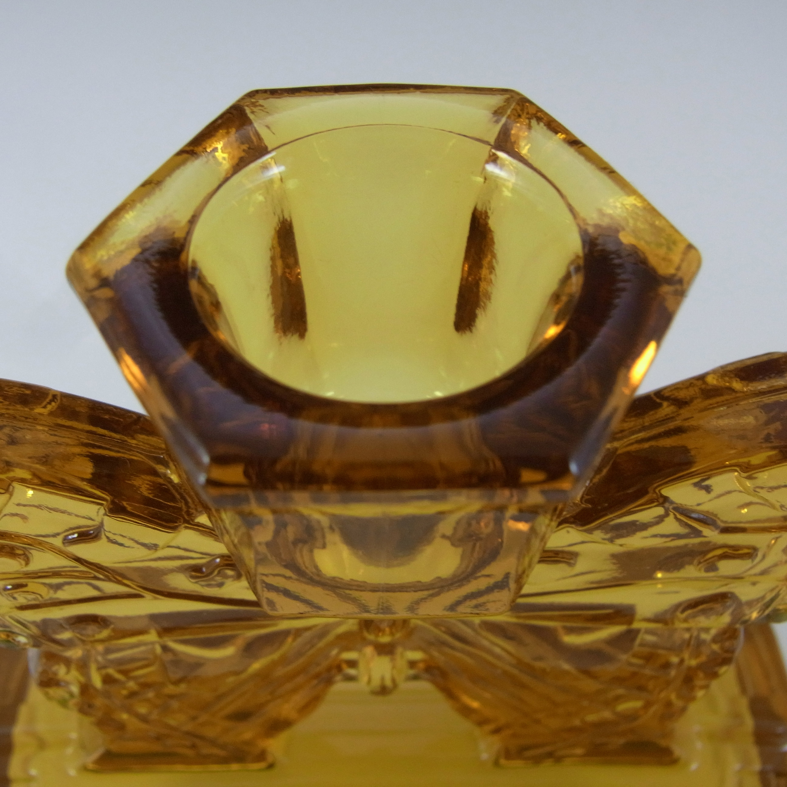 (image for) Bagley #3003 Art Deco Vintage Amber Glass 'Butterfly' Candlesticks - Click Image to Close