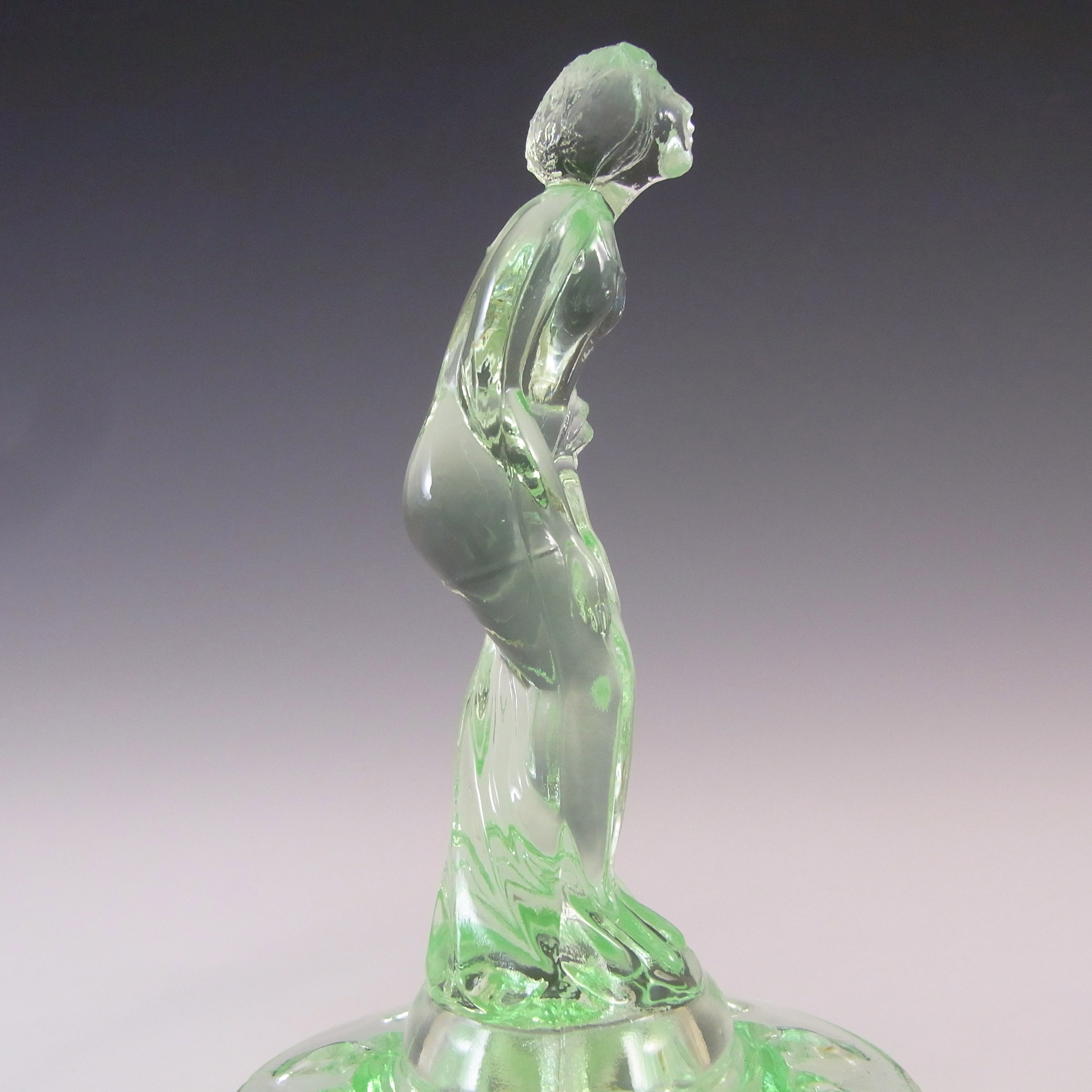 Müller & Co 'September Morn' Art Deco Green Glass Lady Figurine - Click Image to Close