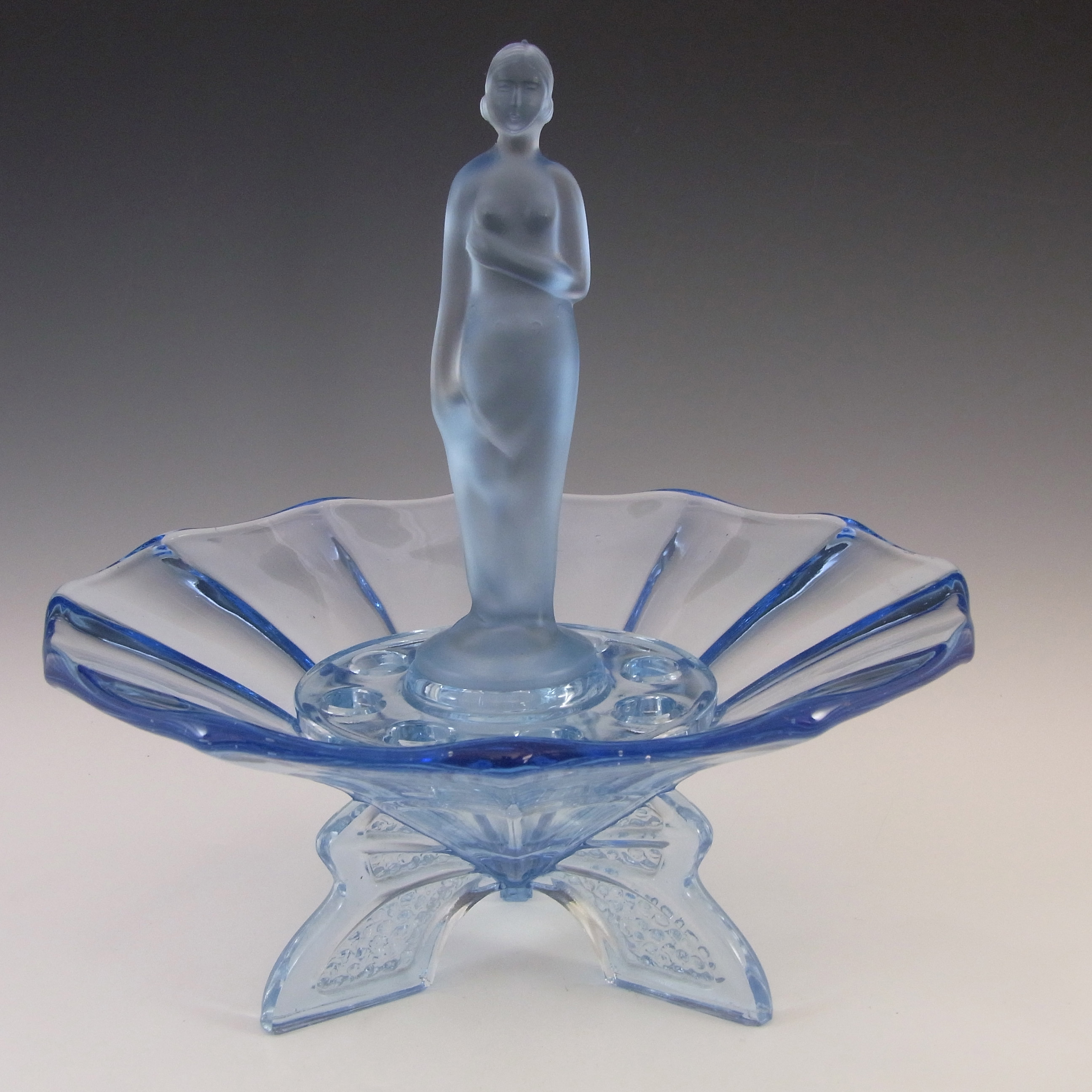 (image for) Müller & Co Art Deco Blue Glass Nude Lady Figurine & Bowl Centerpiece - Click Image to Close