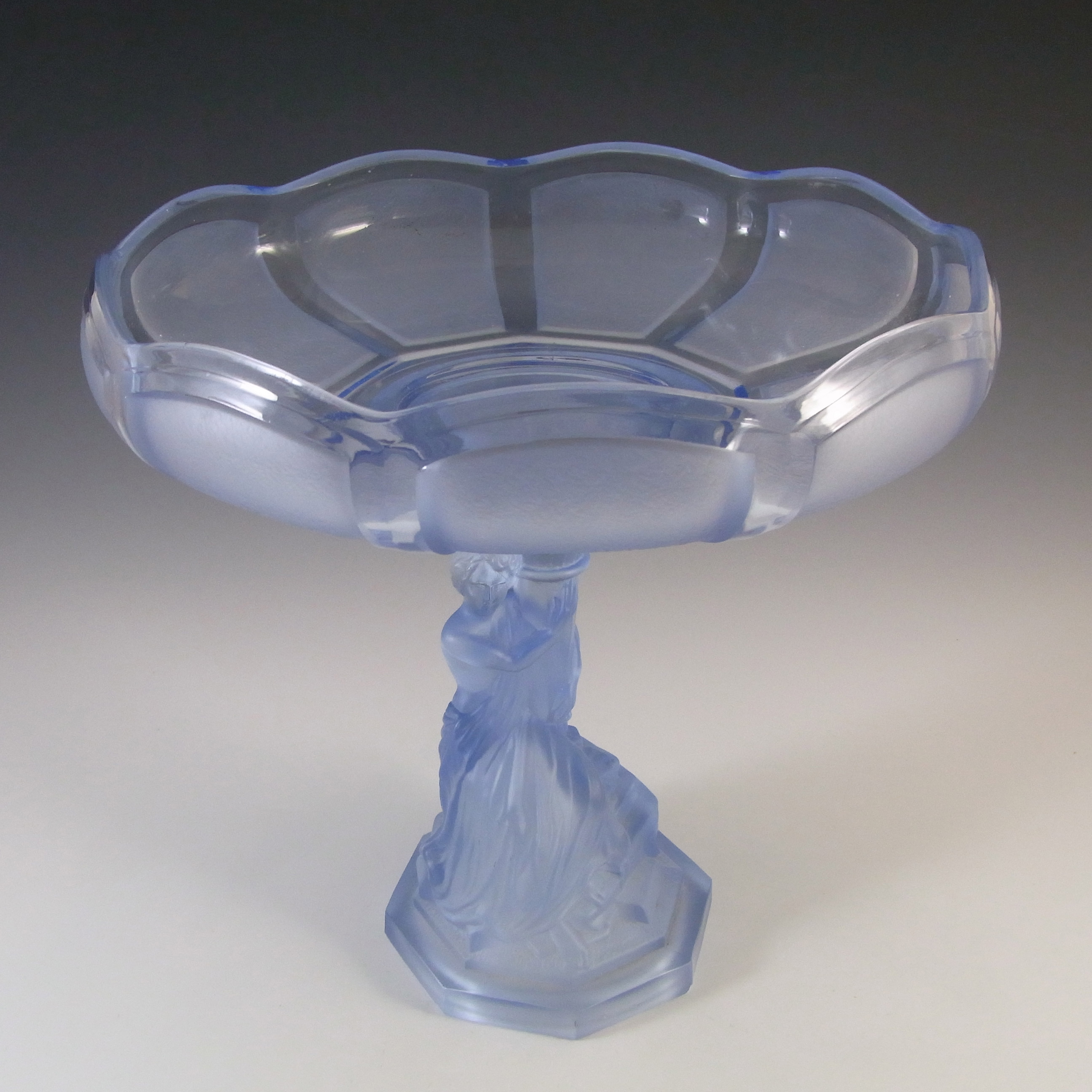 Müller & Co Art Deco Blue Glass Nude Lady Centerpiece Stand - Click Image to Close