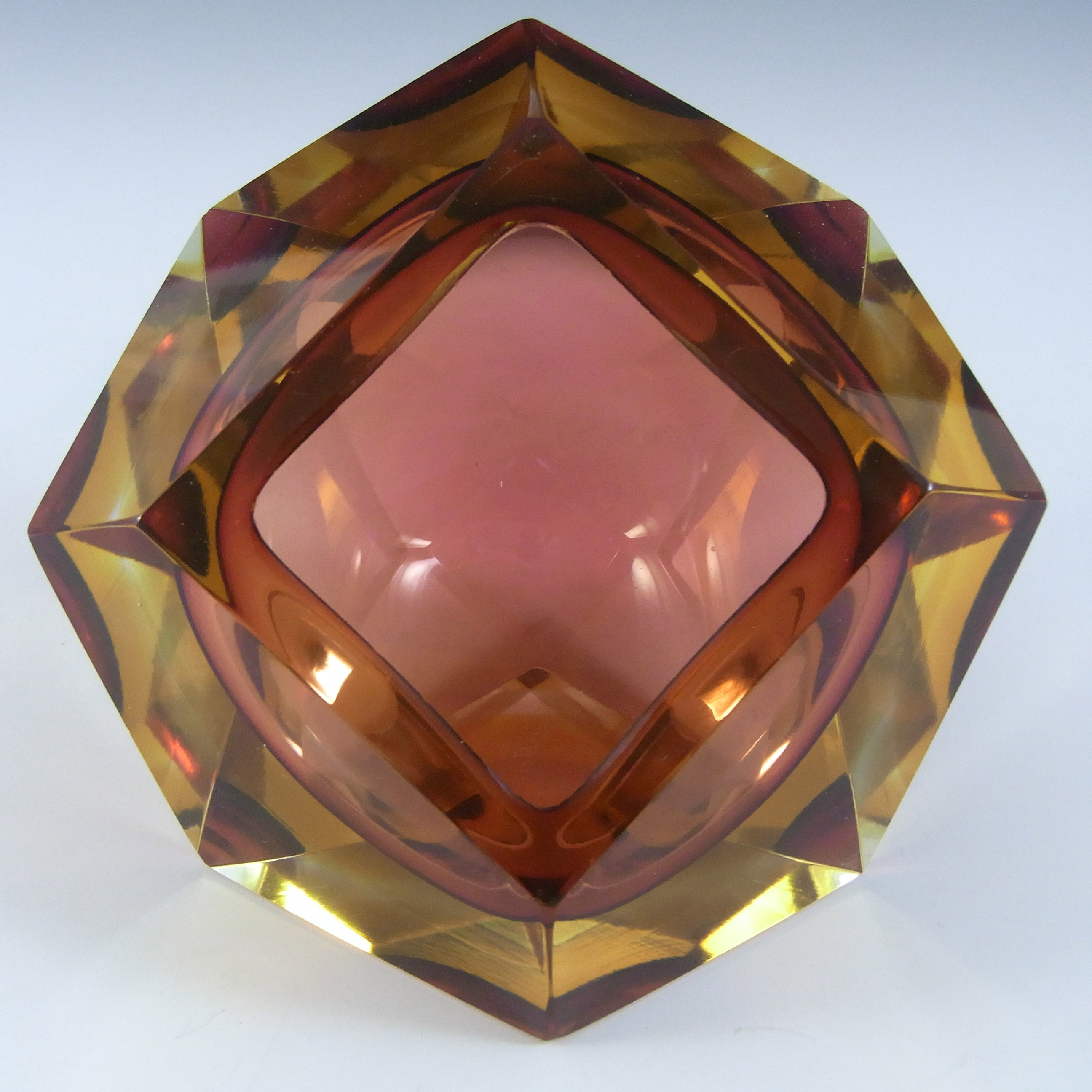 Murano Faceted Brown & Amber Sommerso Glass Block Bowl - Click Image to Close