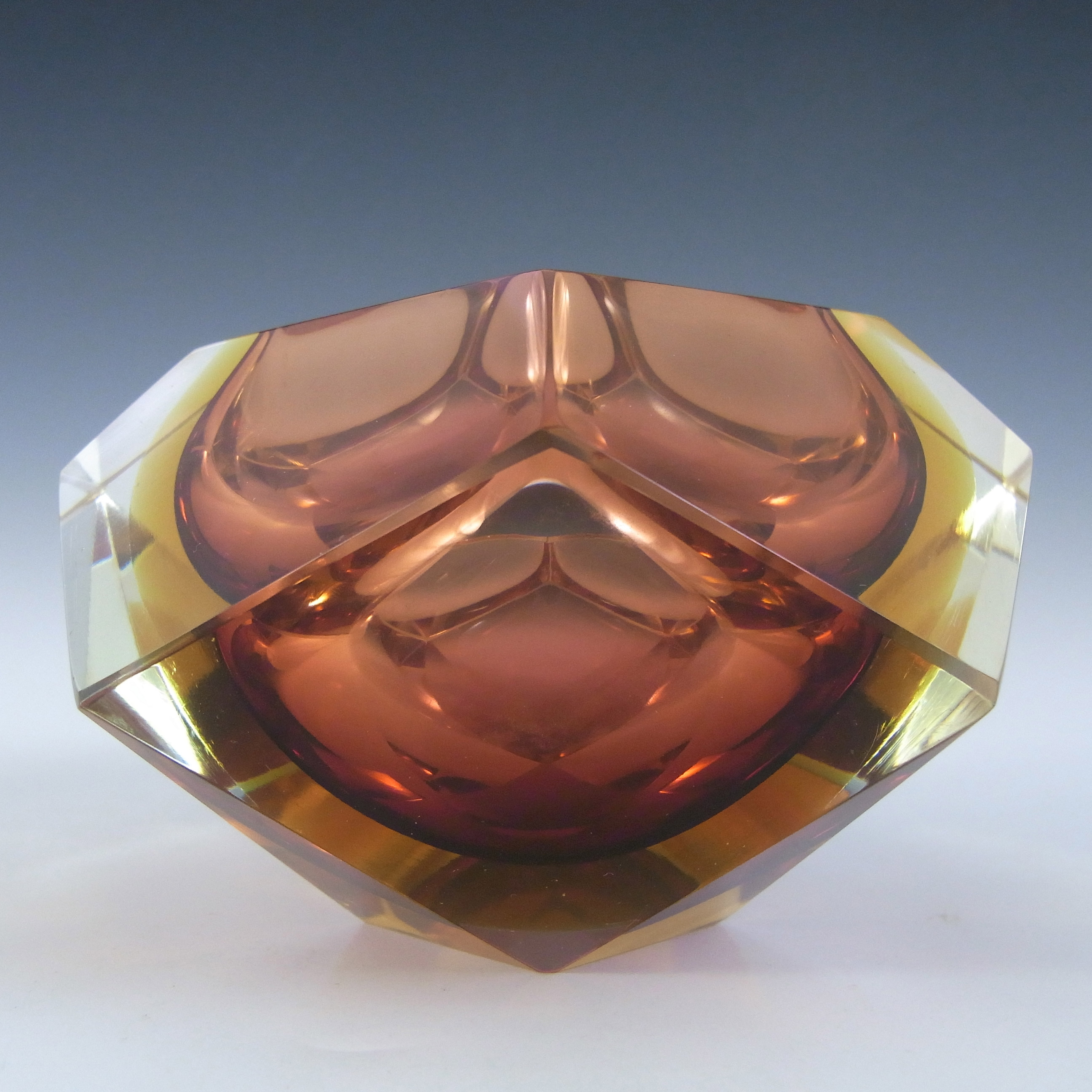 (image for) Murano Faceted Brown & Amber Sommerso Glass Block Bowl - Click Image to Close