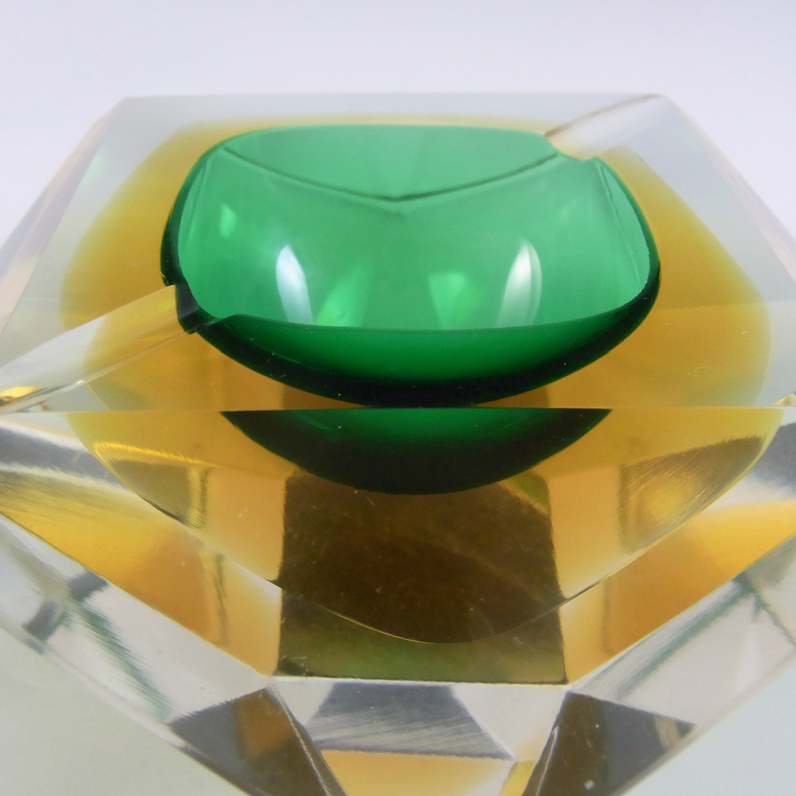 (image for) Murano Faceted Green & Amber Sommerso Glass Block Bowl - Click Image to Close
