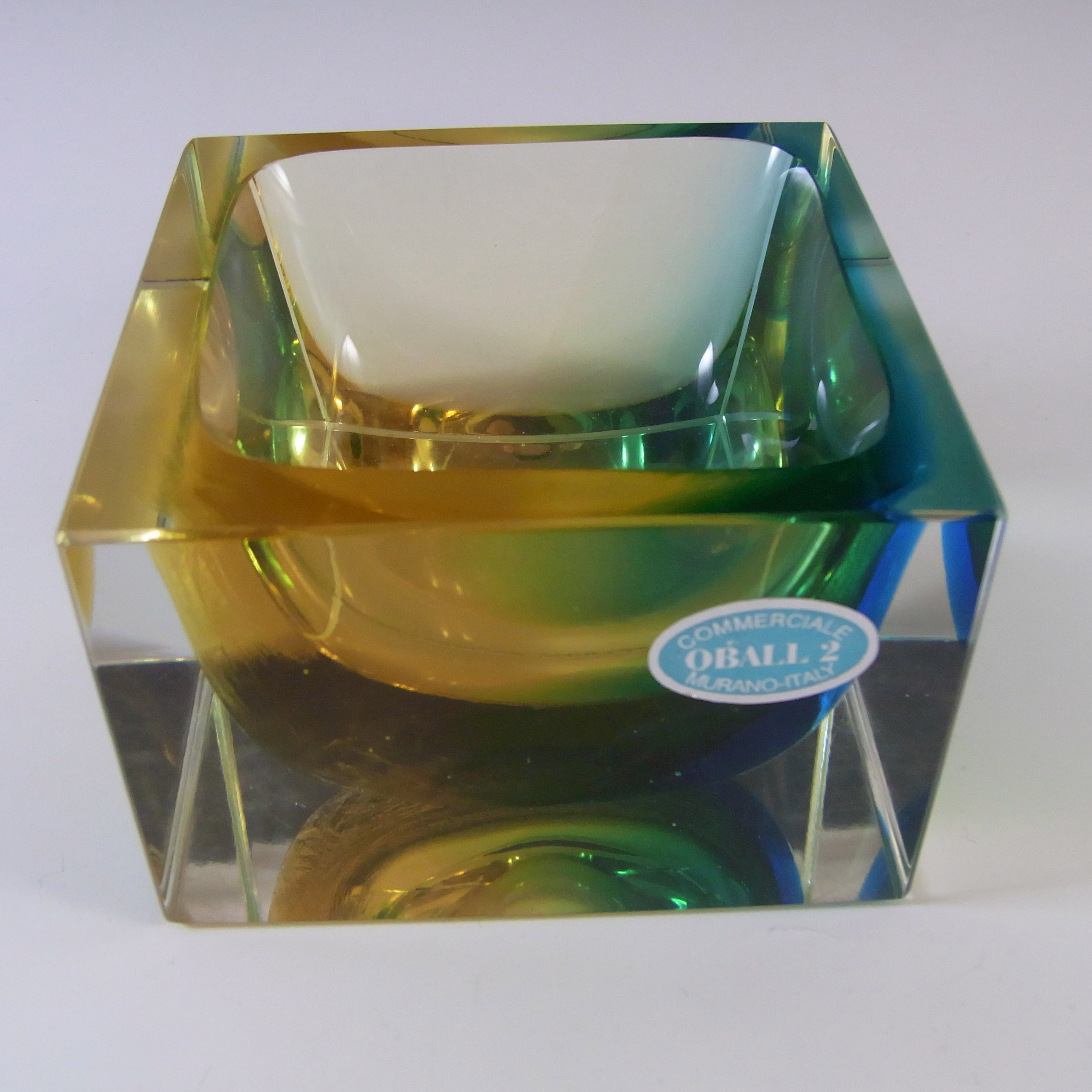 (image for) LABELLED Oball Murano Faceted Amber & Blue Sommerso Glass Block Bowl - Click Image to Close