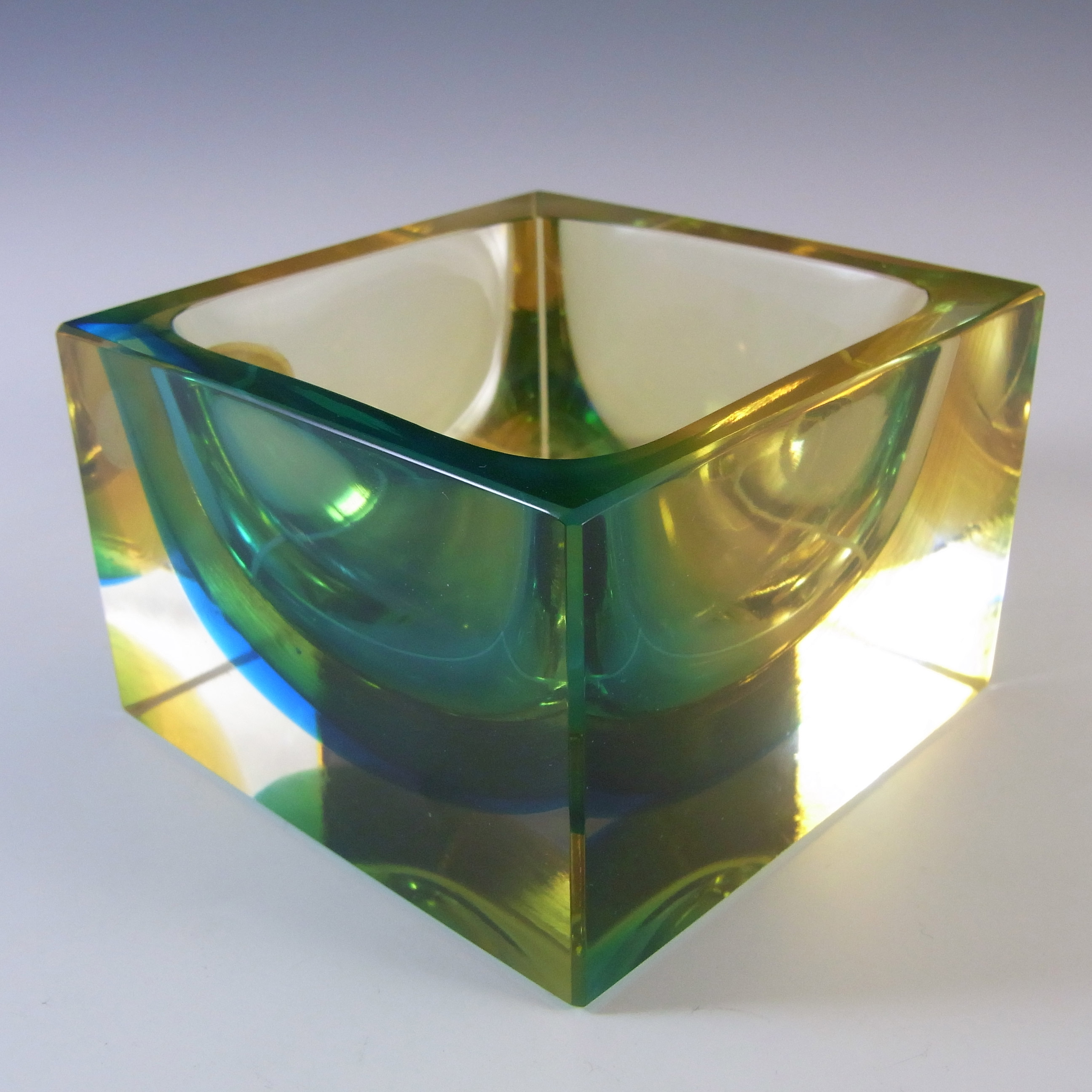 LABELLED Oball Murano Faceted Amber & Blue Sommerso Glass Block Bowl - Click Image to Close