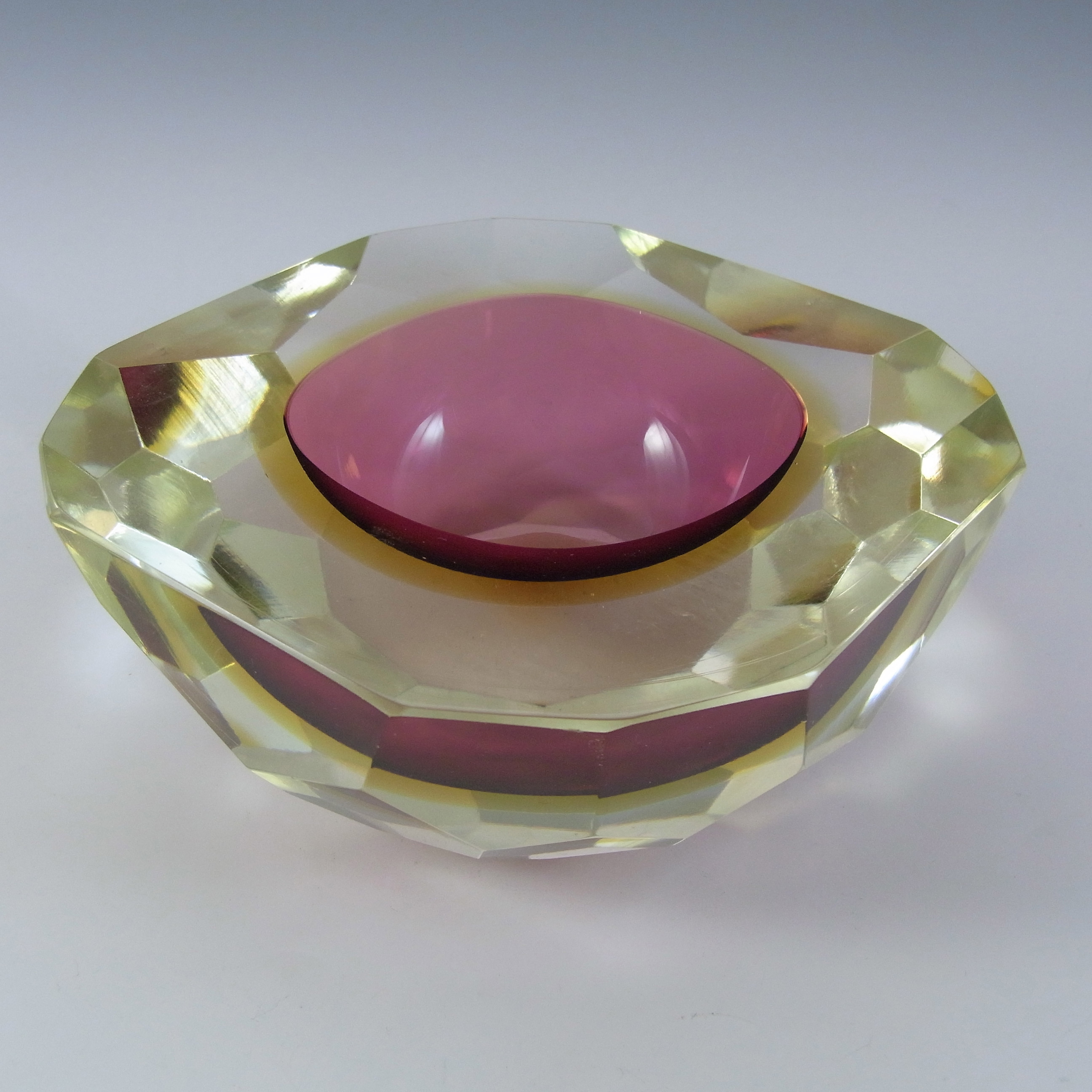(image for) Large Murano Faceted Pink & Amber Sommerso Glass Block Bowl - Click Image to Close