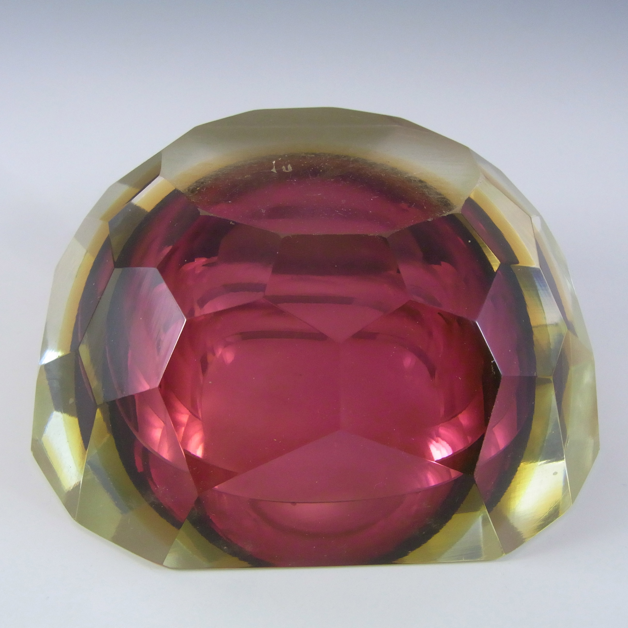 Large Murano Faceted Pink & Amber Sommerso Glass Block Bowl - Click Image to Close