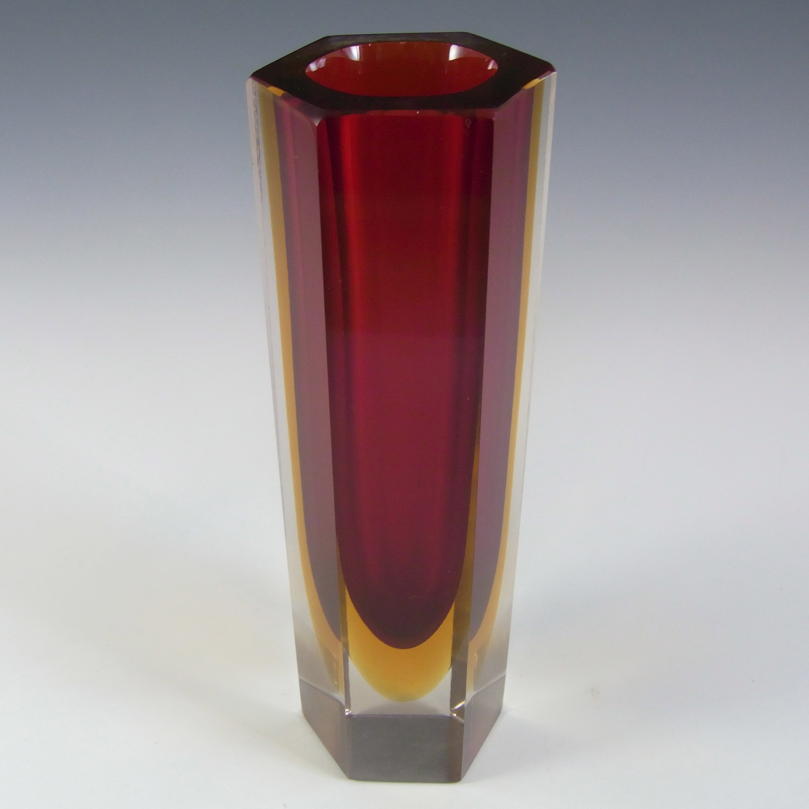 (image for) Murano Faceted Red & Amber Sommerso Glass Hexagonal Block Vase - Click Image to Close