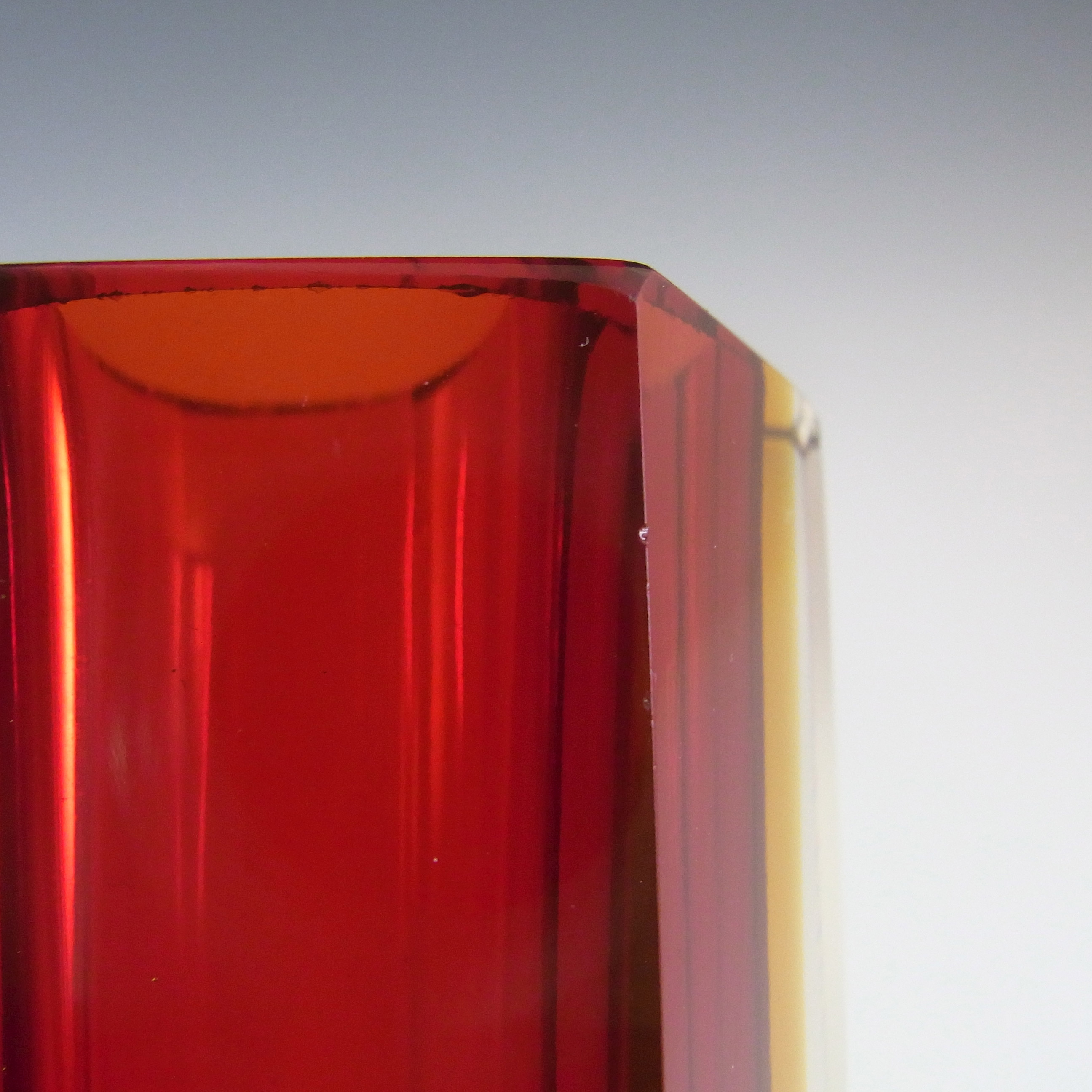 (image for) Murano Faceted Red & Amber Sommerso Glass Hexagonal Block Vase - Click Image to Close