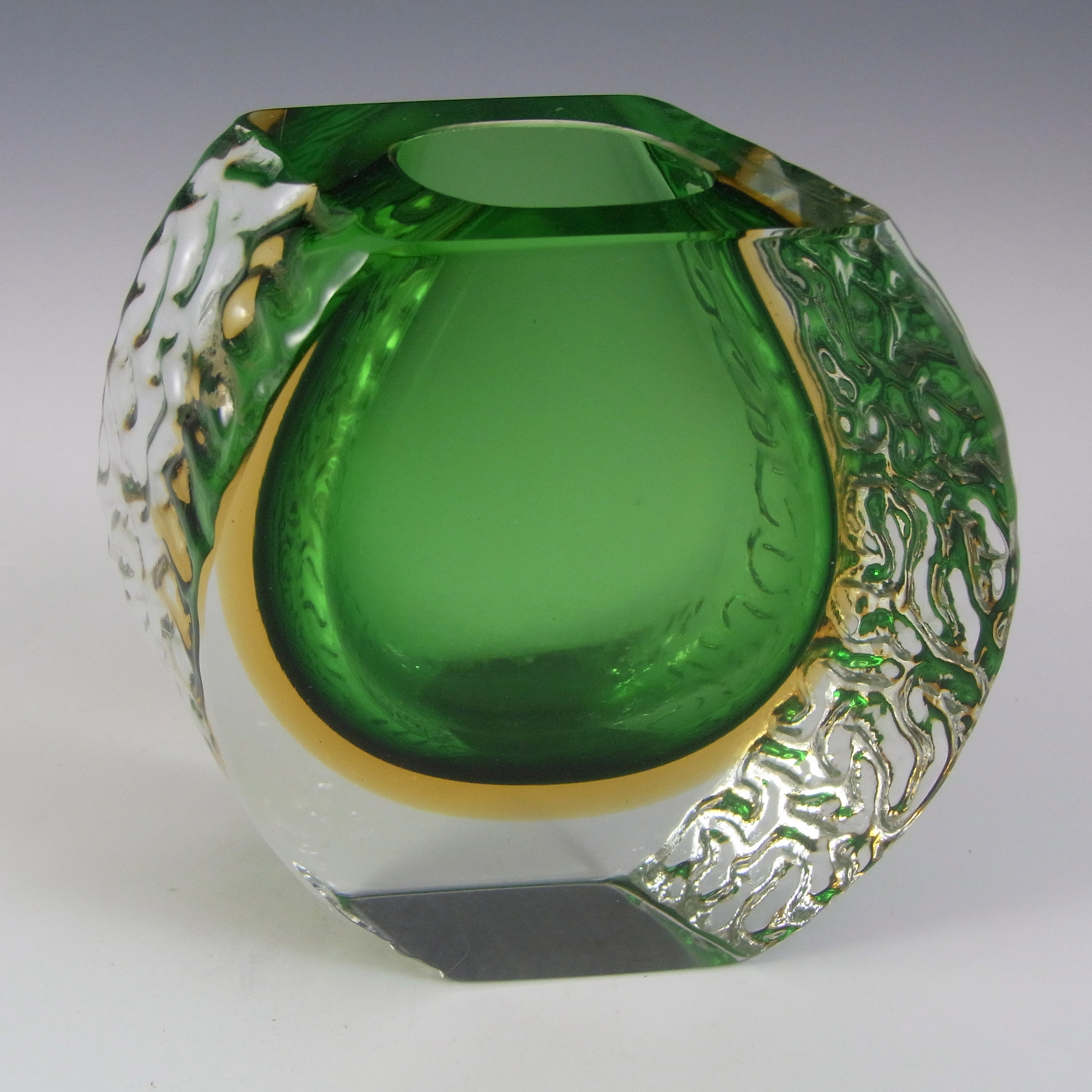 (image for) Murano Faceted, Textured Green & Amber Sommerso Glass Vase - Click Image to Close