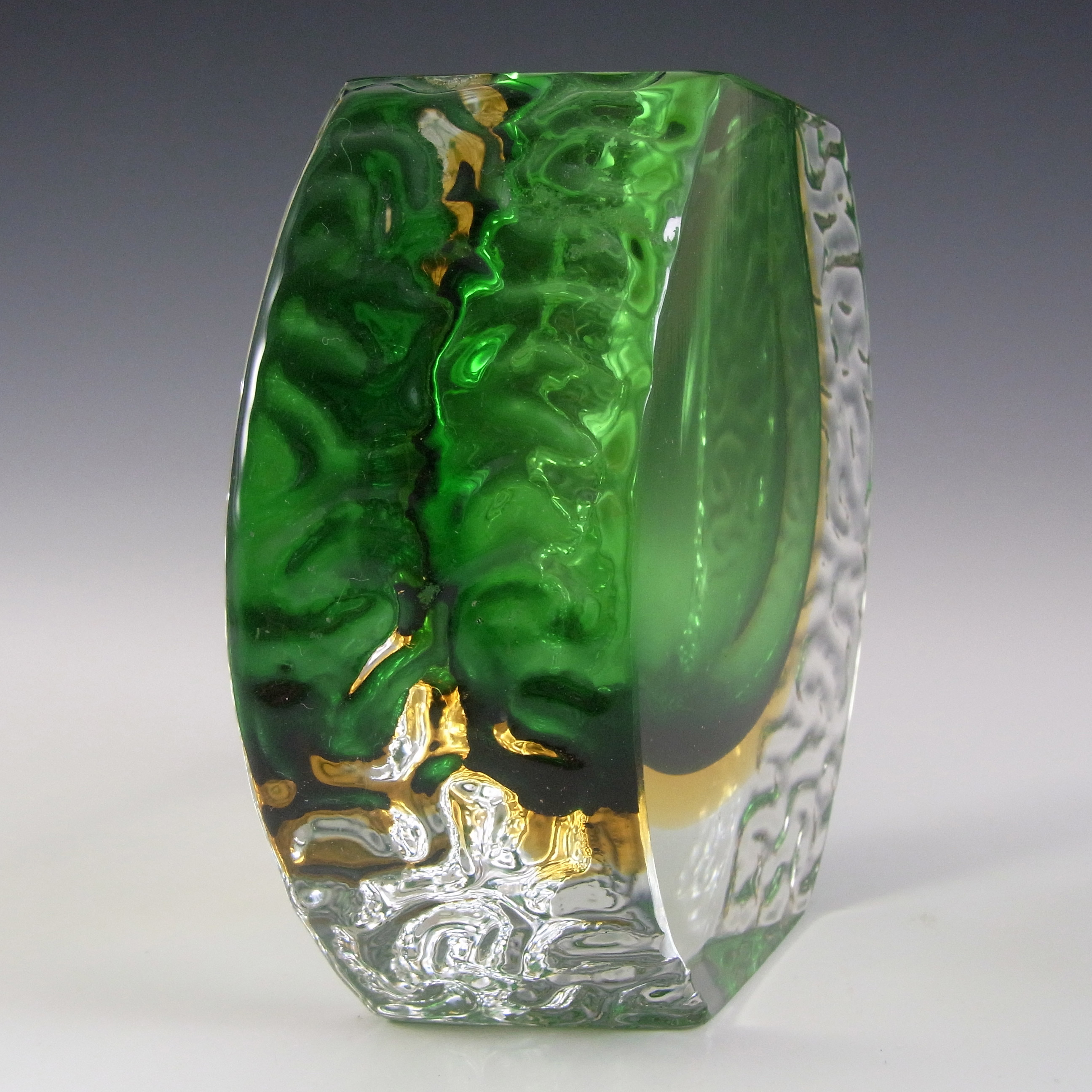 (image for) Murano Faceted, Textured Green & Amber Sommerso Glass Vase - Click Image to Close