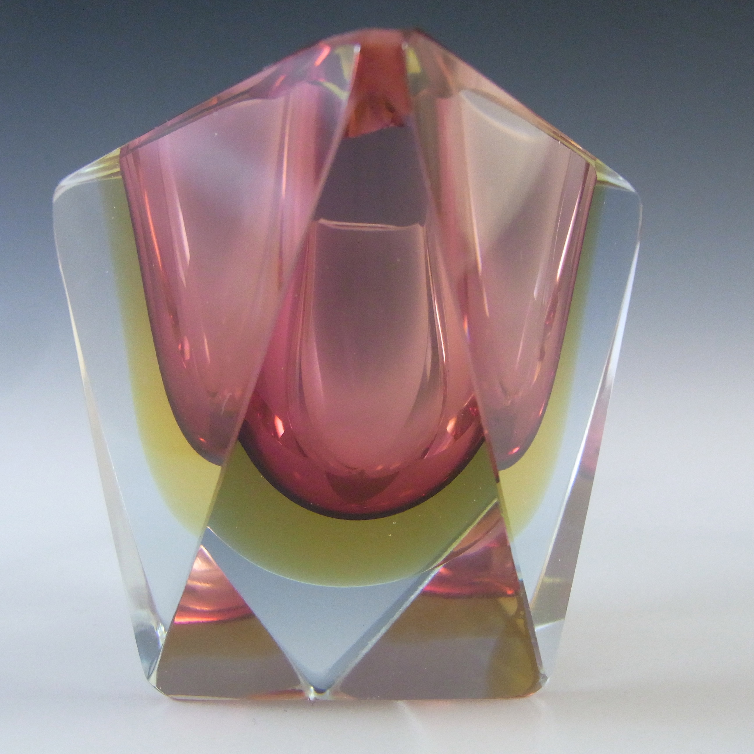 Murano Faceted Pink & Amber Sommerso Glass Vintage Block Bowl - Click Image to Close