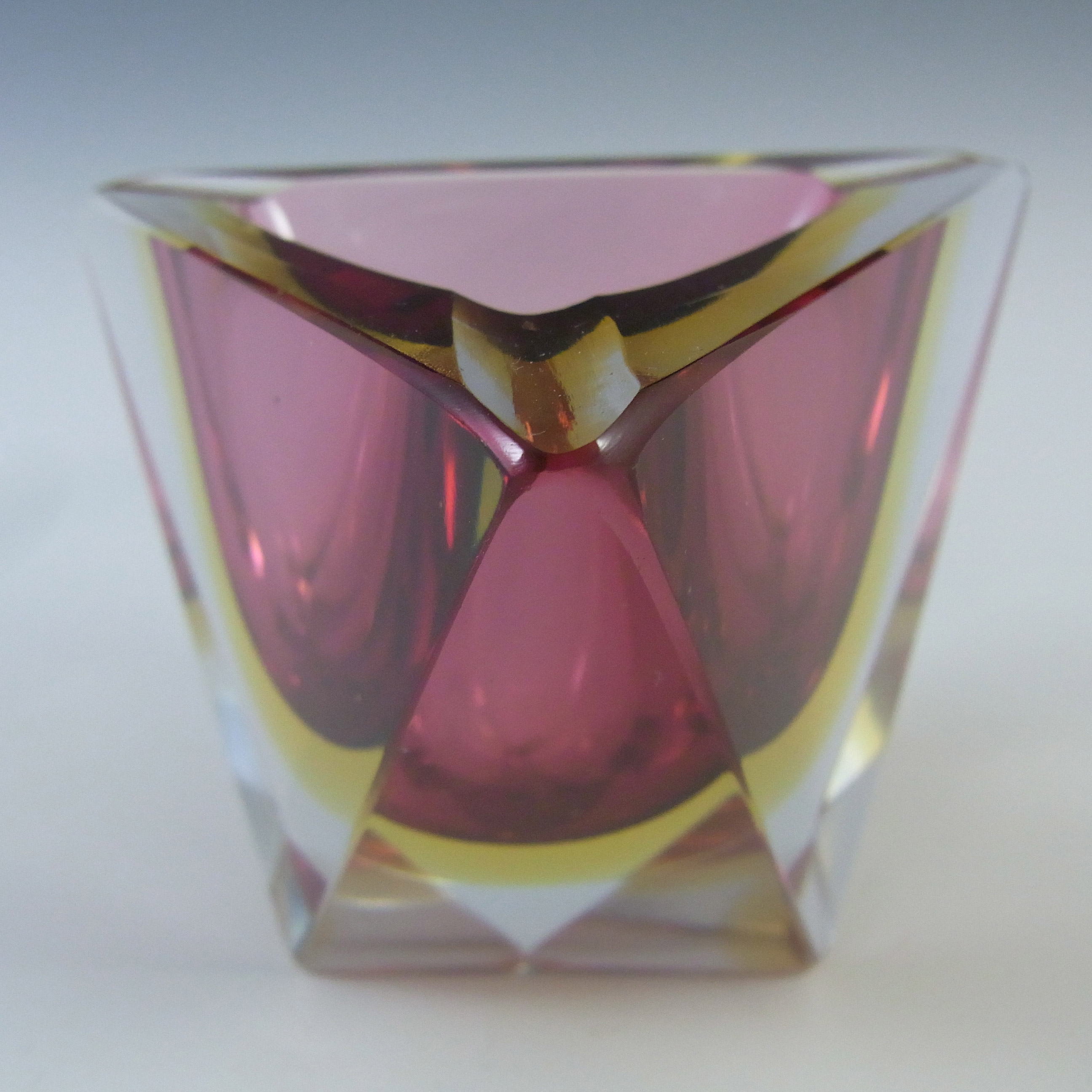 (image for) Murano Faceted Pink & Amber Sommerso Glass 1950's Block Bowl - Click Image to Close