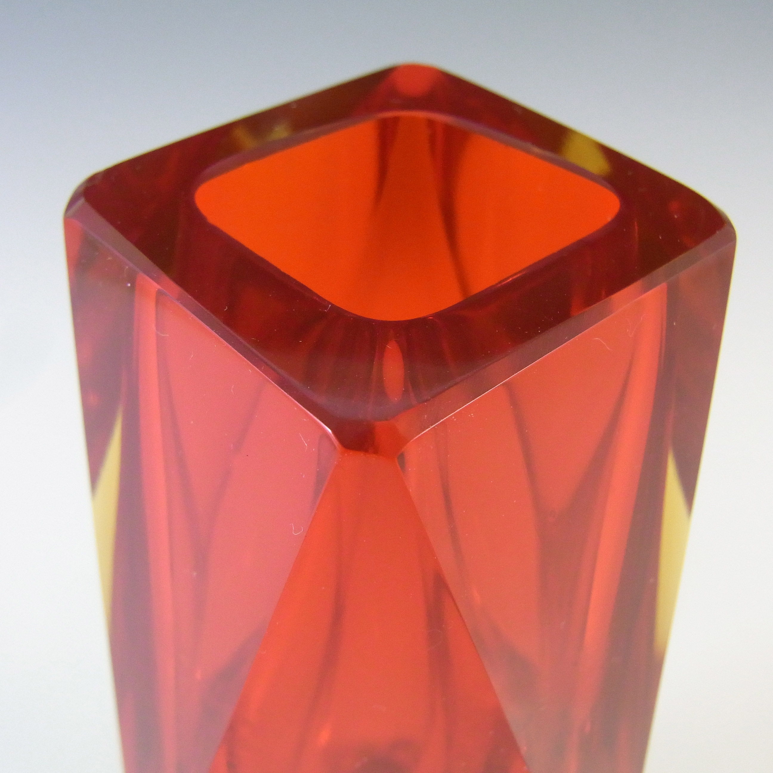 (image for) Murano Faceted Red & Amber Sommerso Glass Vintage Block Vase - Click Image to Close