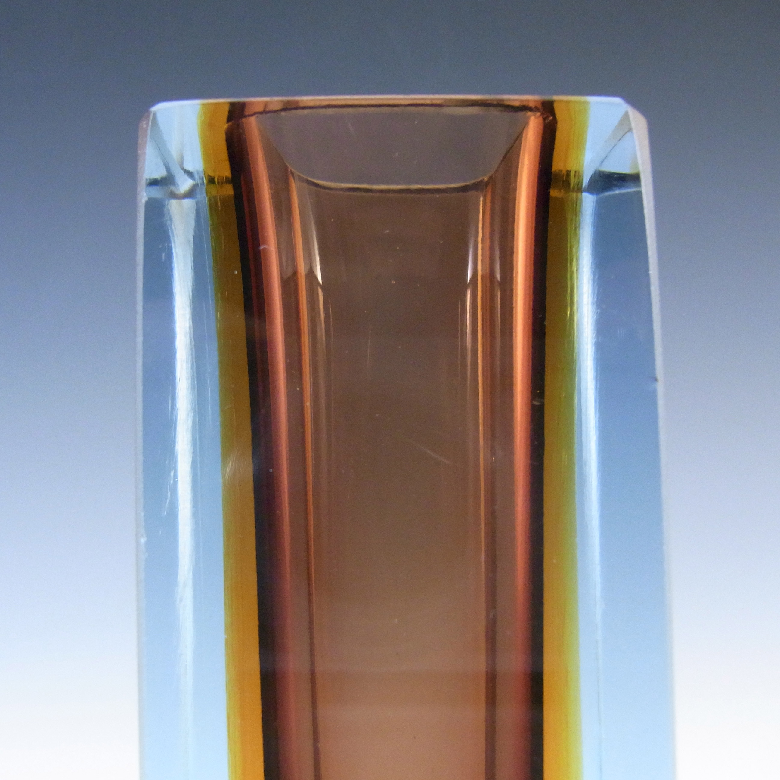Murano Faceted Brown, Amber & Blue Sommerso Glass Block Vase - Click Image to Close