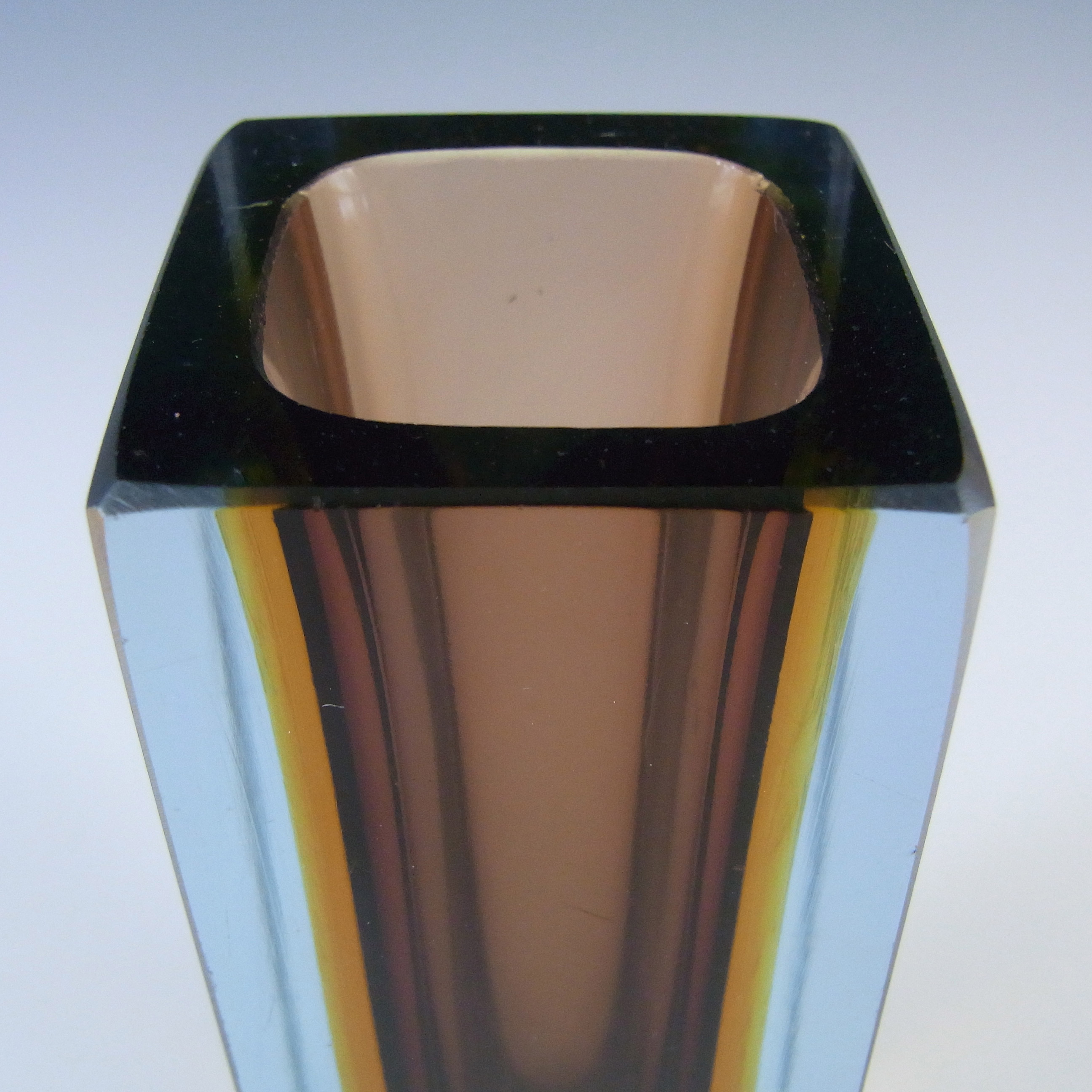 Murano Faceted Brown, Amber & Blue Sommerso Glass Block Vase - Click Image to Close