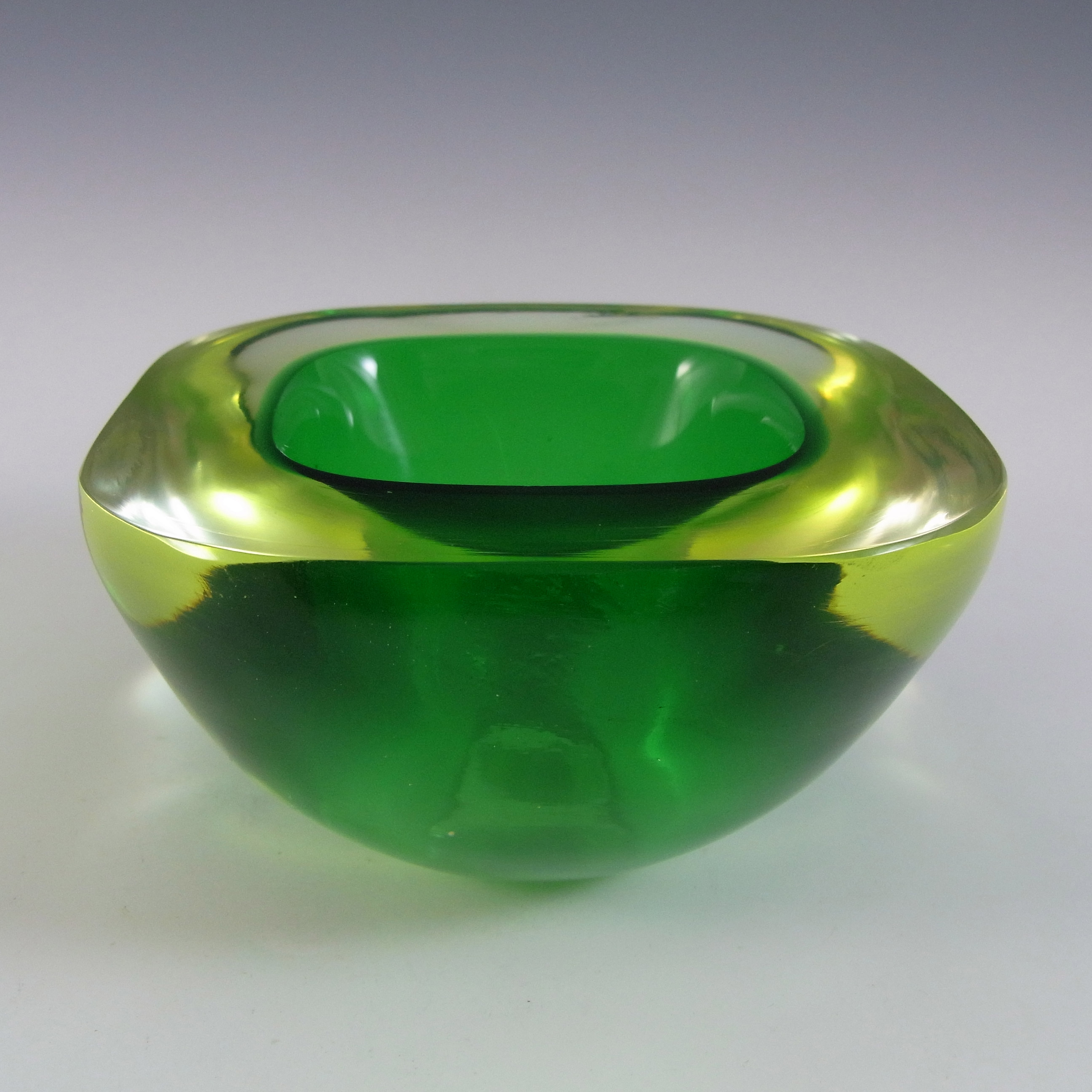 Murano Geode Green & Yellow Uranium Sommerso Glass Square Bowl - Click Image to Close