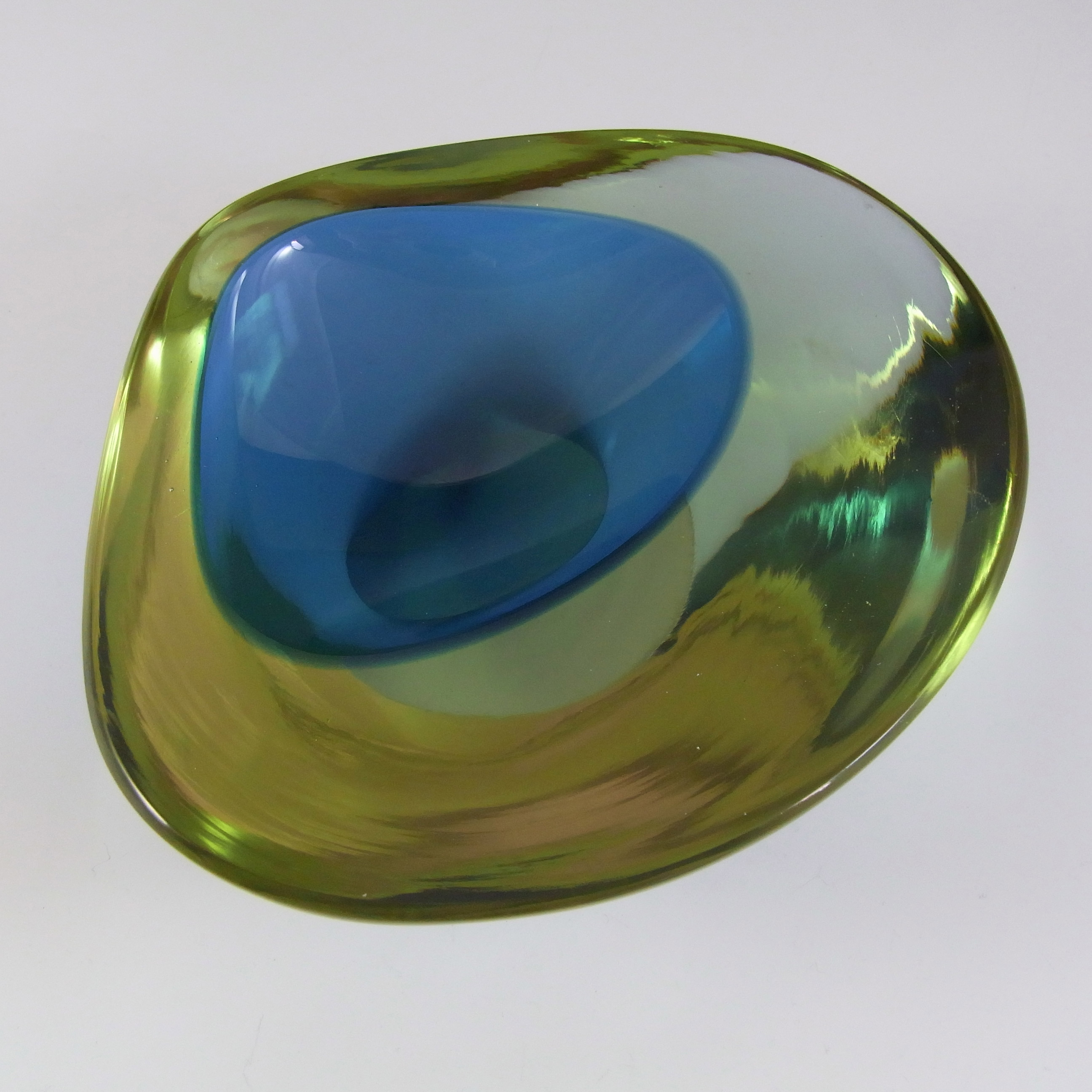 Murano Geode Blue & Green Sommerso Glass Triangle Bowl - Click Image to Close