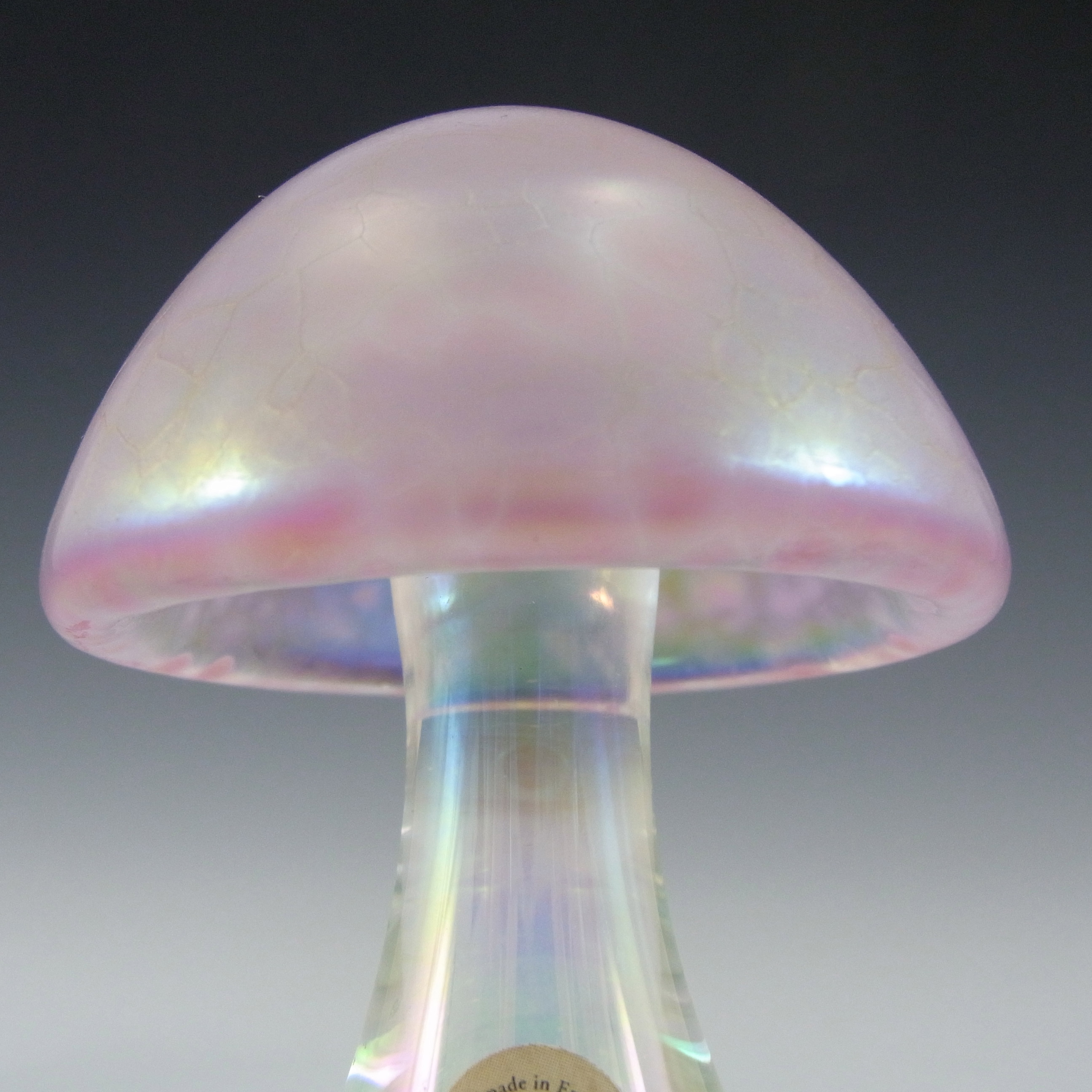 (image for) LABELLED Heron Glass Pink Iridescent Mushroom Paperweight - Click Image to Close