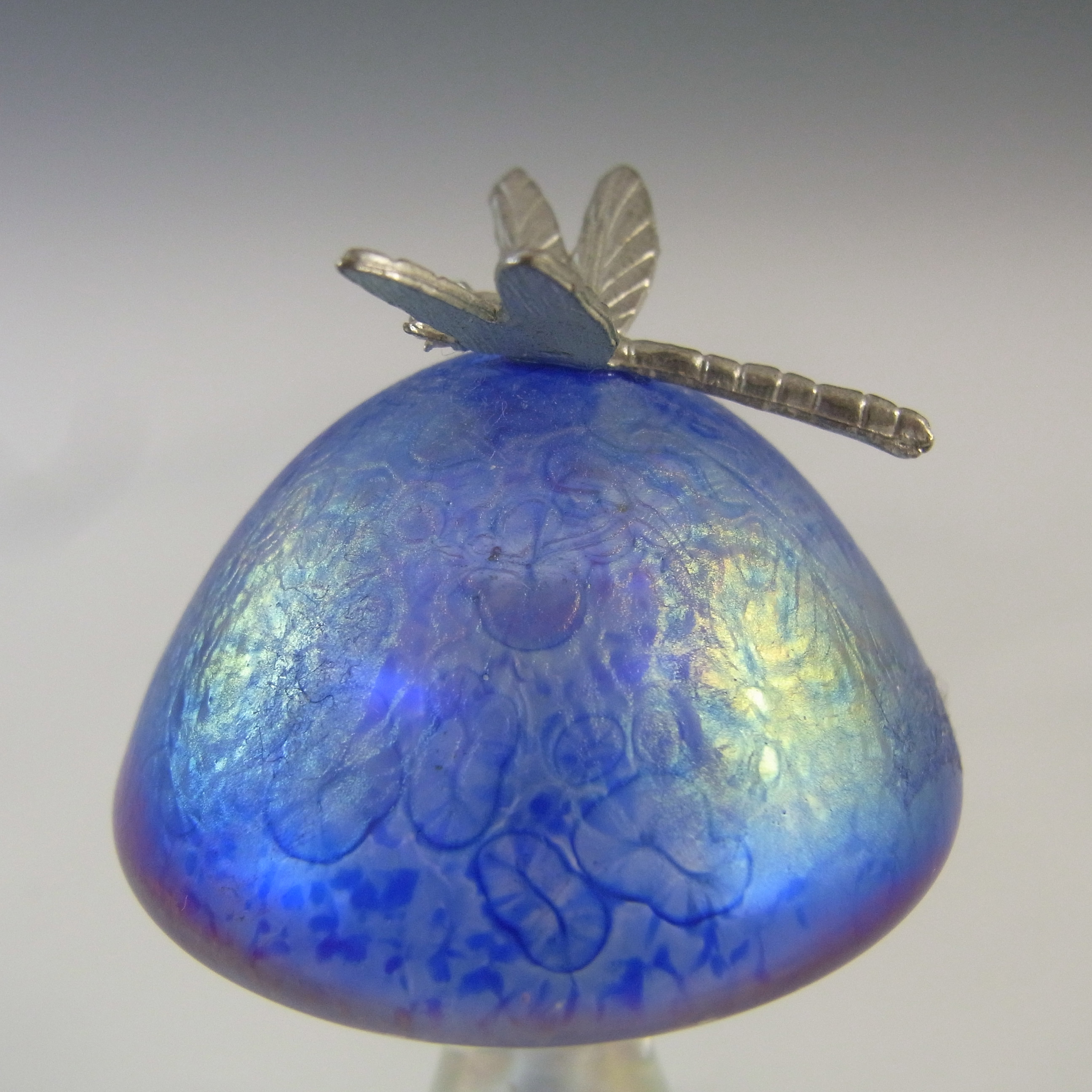(image for) LABELLED Heron Glass Blue Iridescent Mushroom & Dragonfly - Click Image to Close