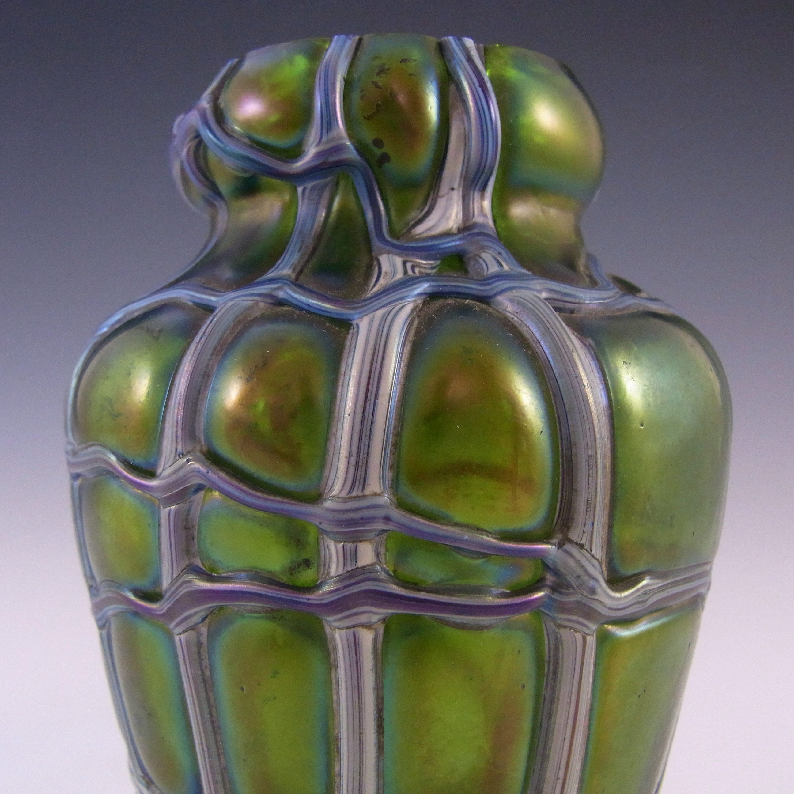 (image for) Kralik Art Nouveau Iridescent Green Veined Antique Glass Vase - Click Image to Close