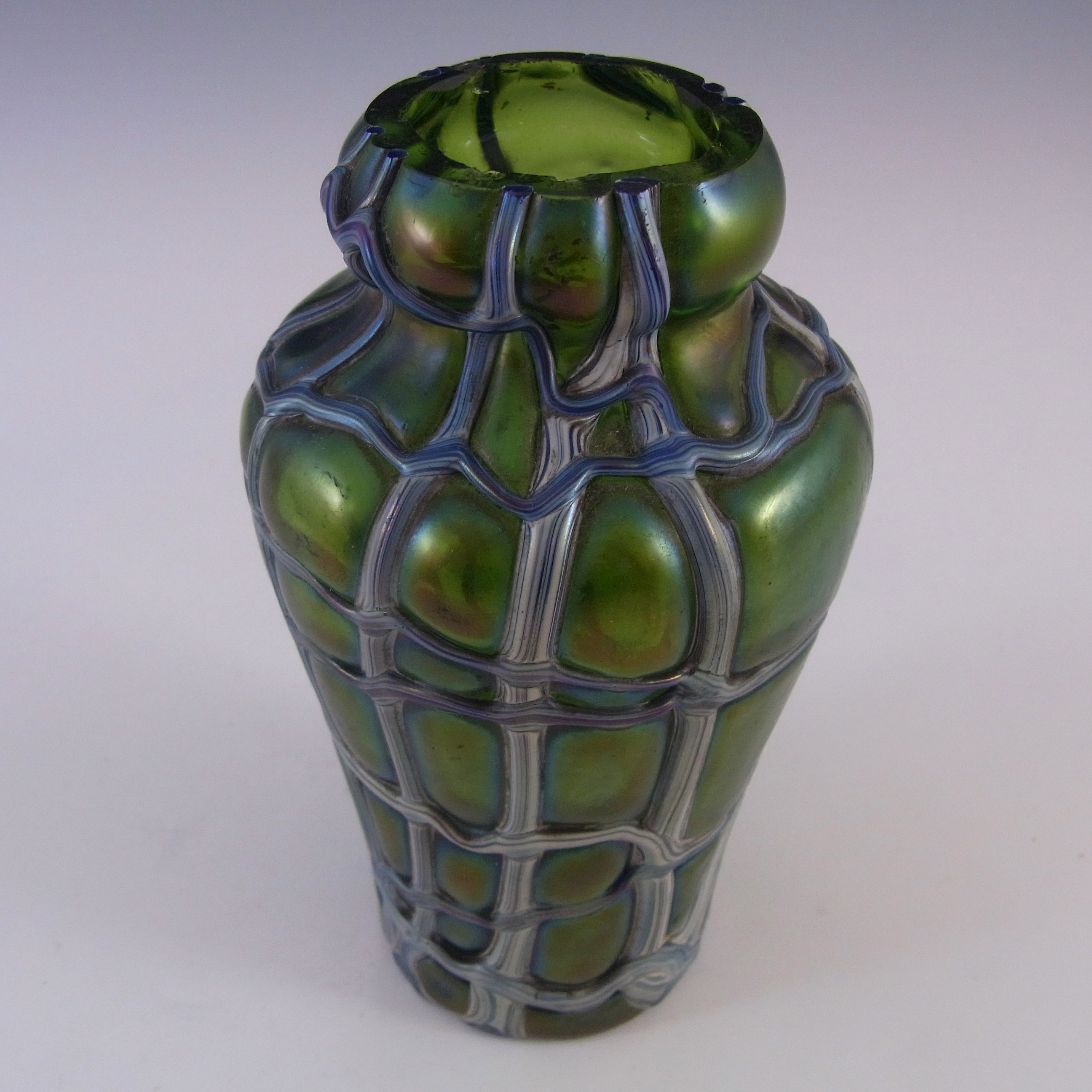 (image for) Kralik Art Nouveau Iridescent Green Veined Antique Glass Vase - Click Image to Close
