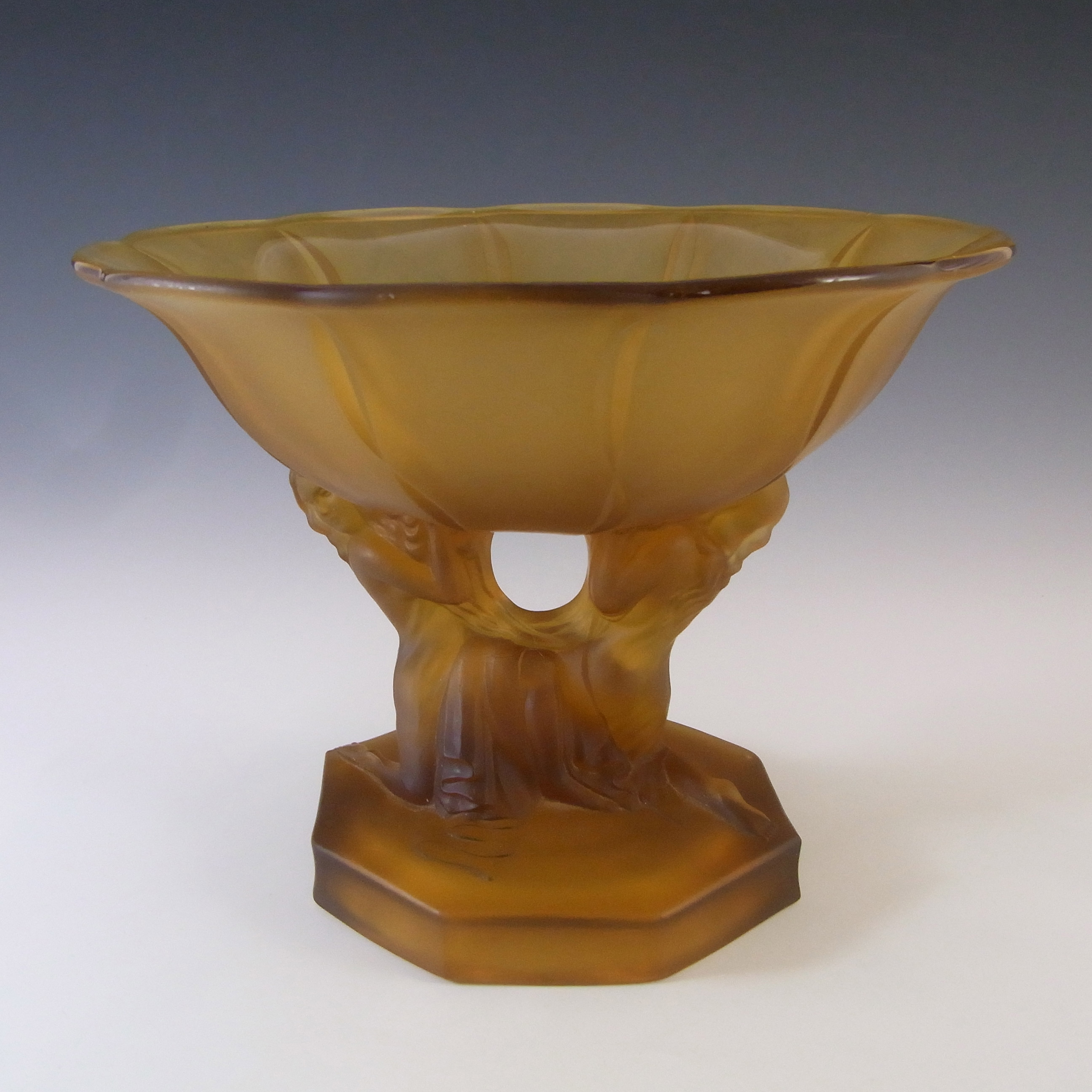 Walther & Söhne Art Deco Amber Glass Nude Lady 'Glasgow' Bowl - Click Image to Close