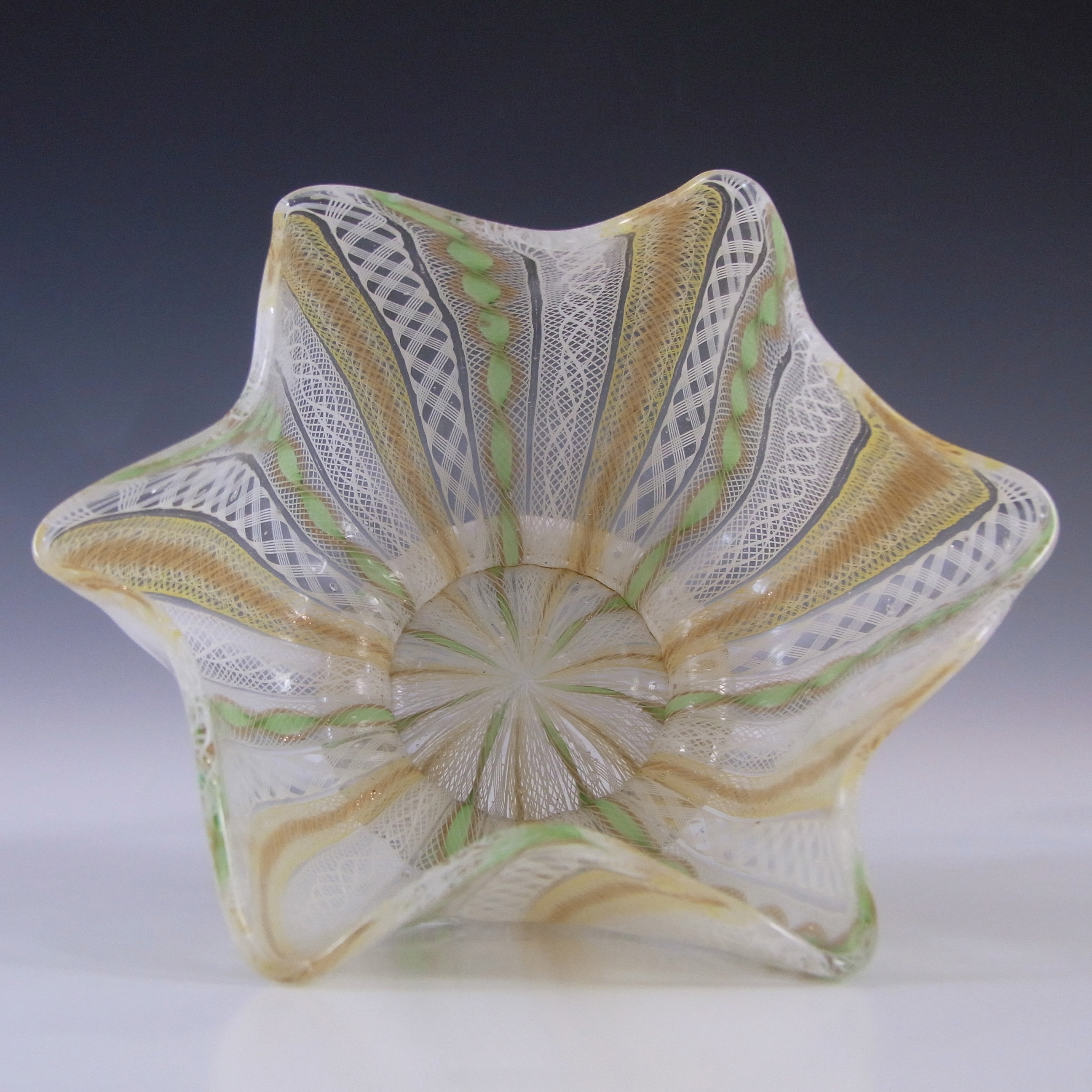 Salviati Murano Zanfirico & Aventurine Green & Yellow Glass Bowl - Click Image to Close