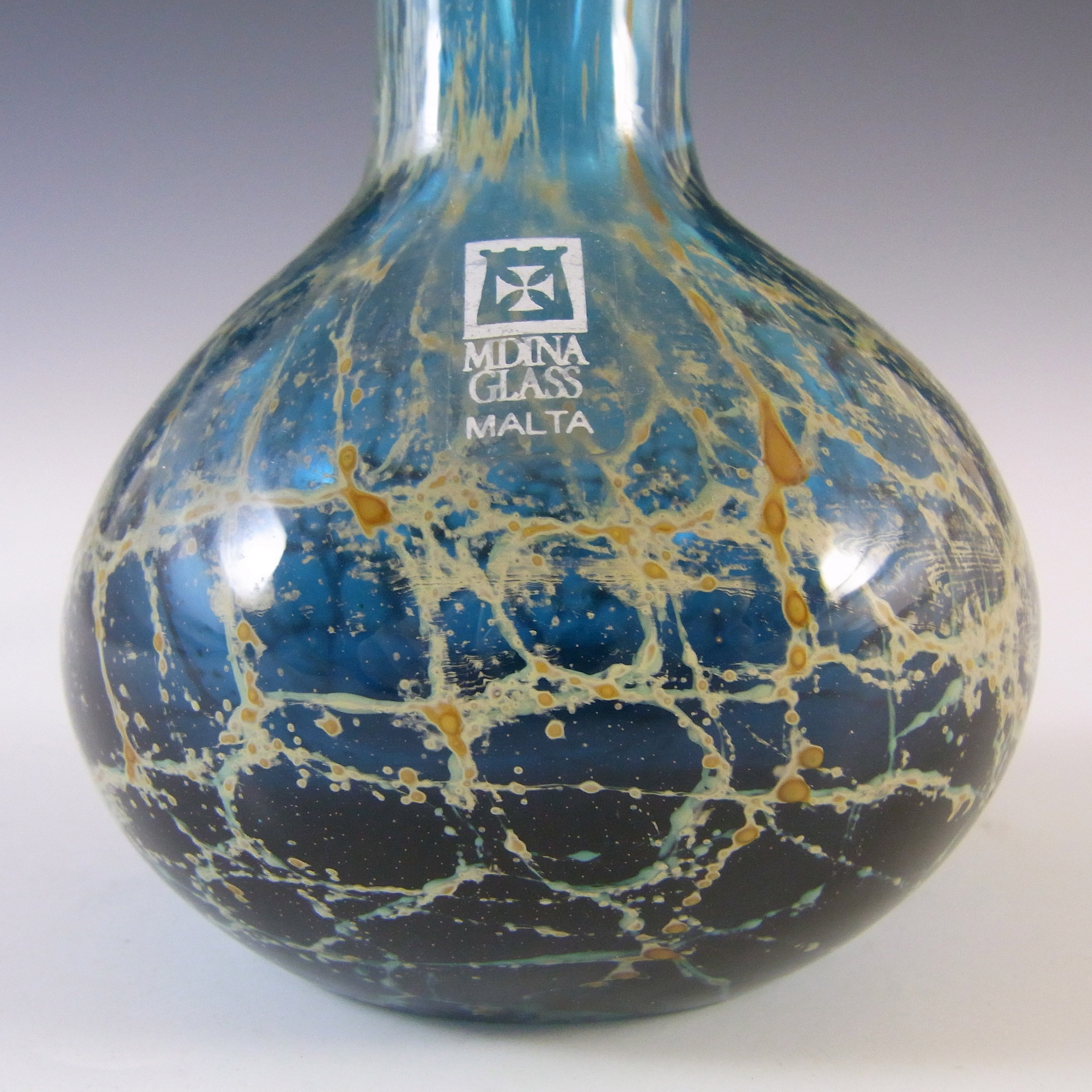 (image for) Mdina 'Blue Crizzle' Maltese Blue & Yellow Glass Vase - Signed & Labelled - Click Image to Close