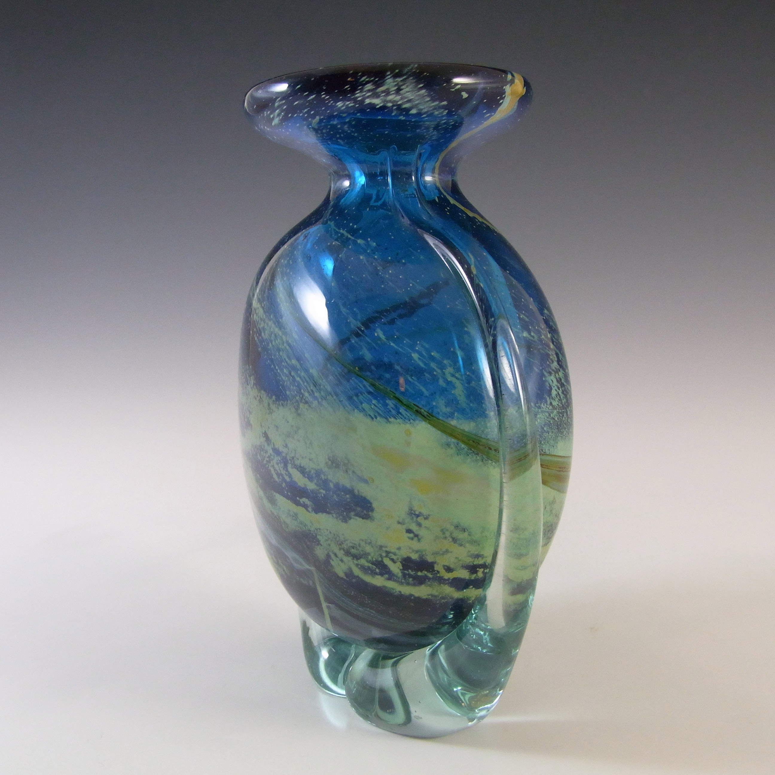 (image for) Mdina 'Blue Summer' Maltese Vintage Glass 'Side Stripe' Vase - Signed - Click Image to Close