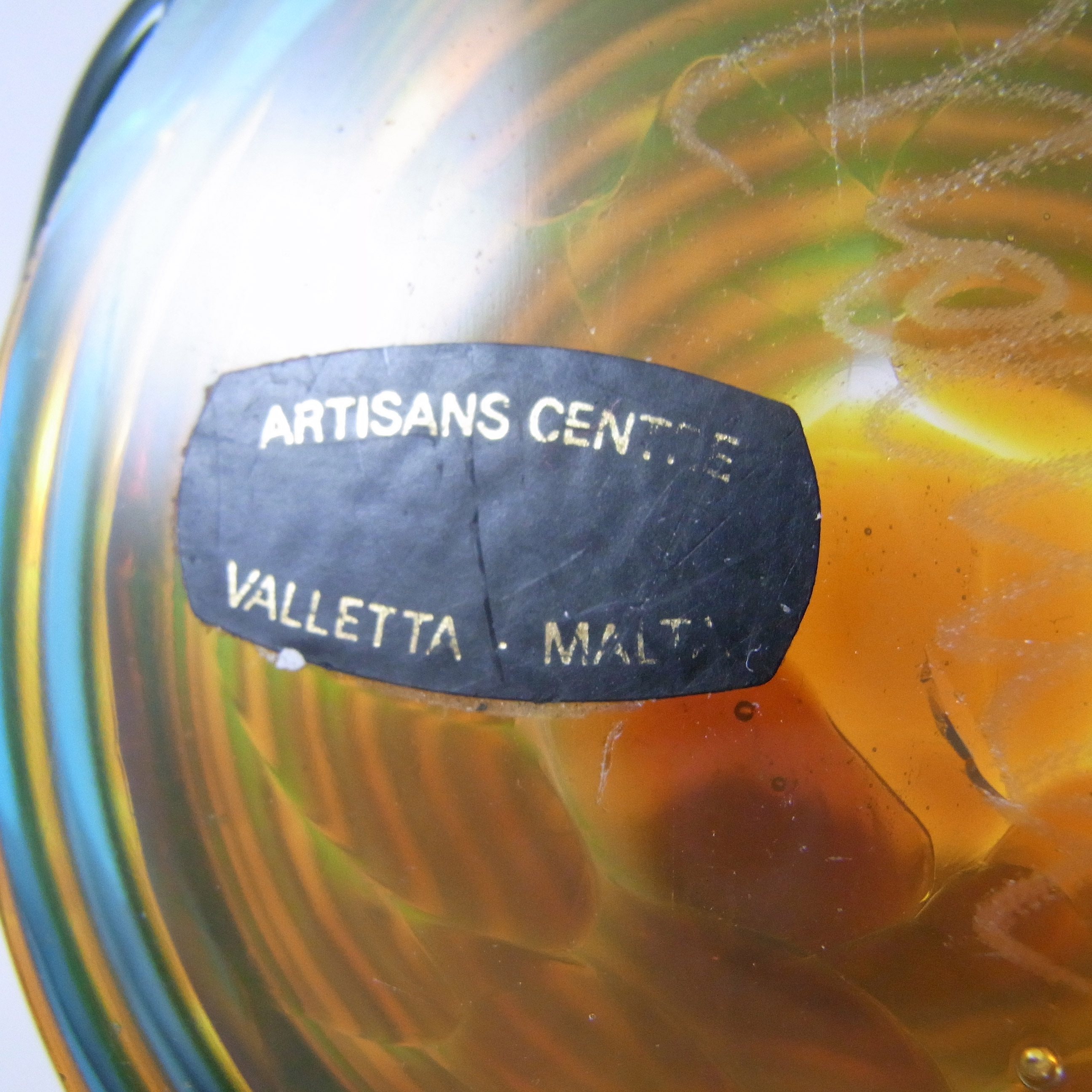 Mdina Trailed Maltese Orange & Blue Mottled Glass Vase - Signed - Click Image to Close