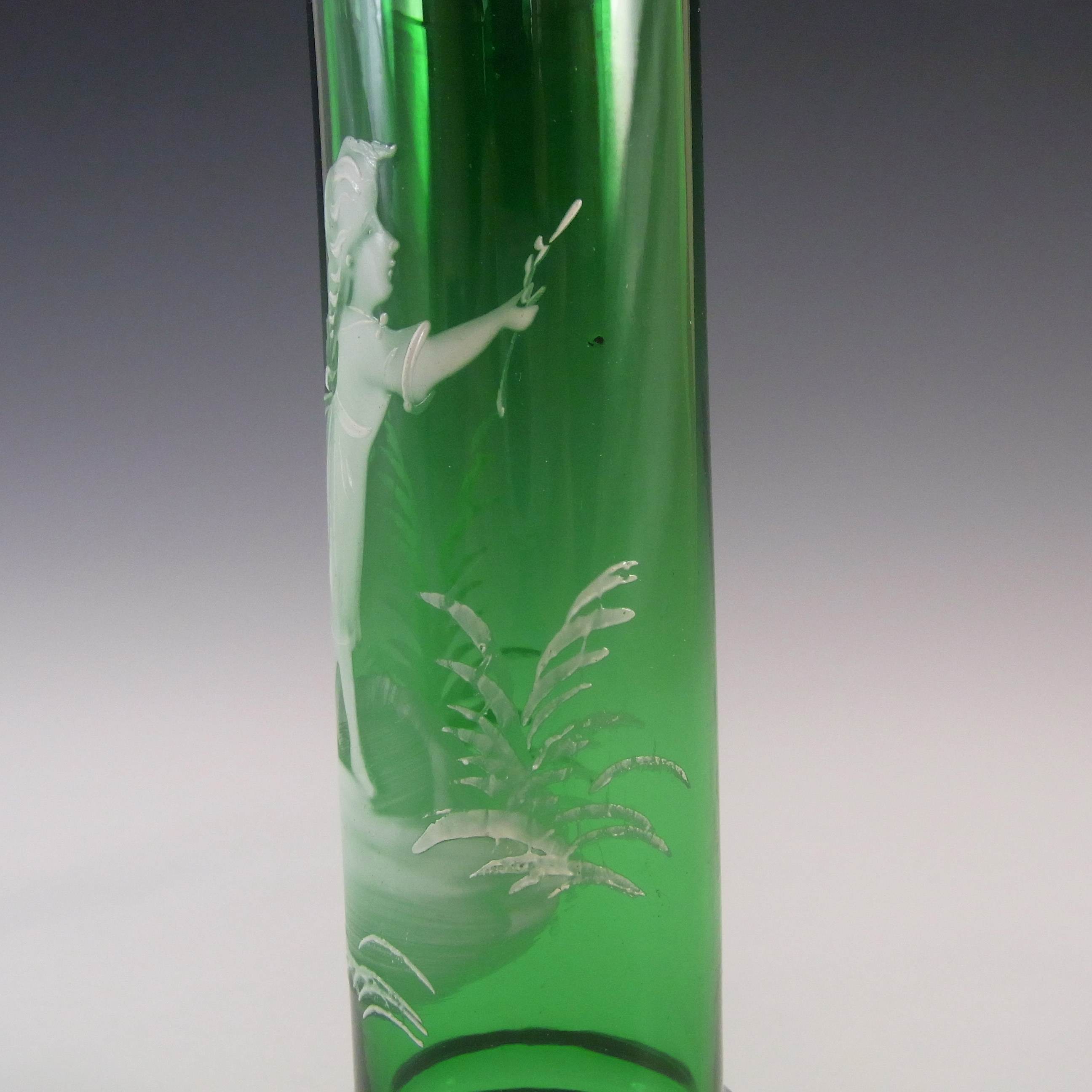 Mary Gregory Bohemian Hand Enamelled Green Glass Vase - Click Image to Close