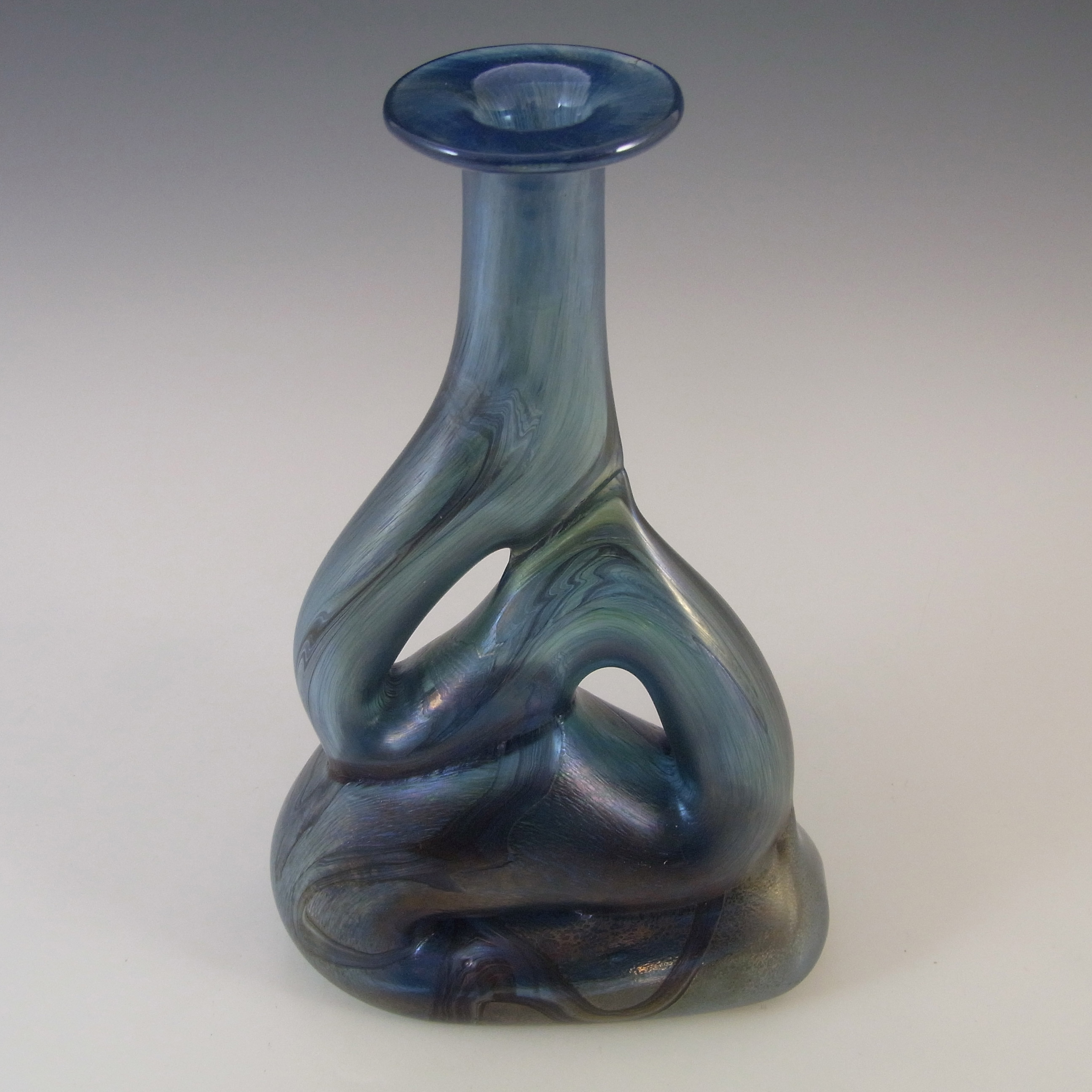 SIGNED Mtarfa Maltese Organic Blue Iridescent Glass Vase - Click Image to Close