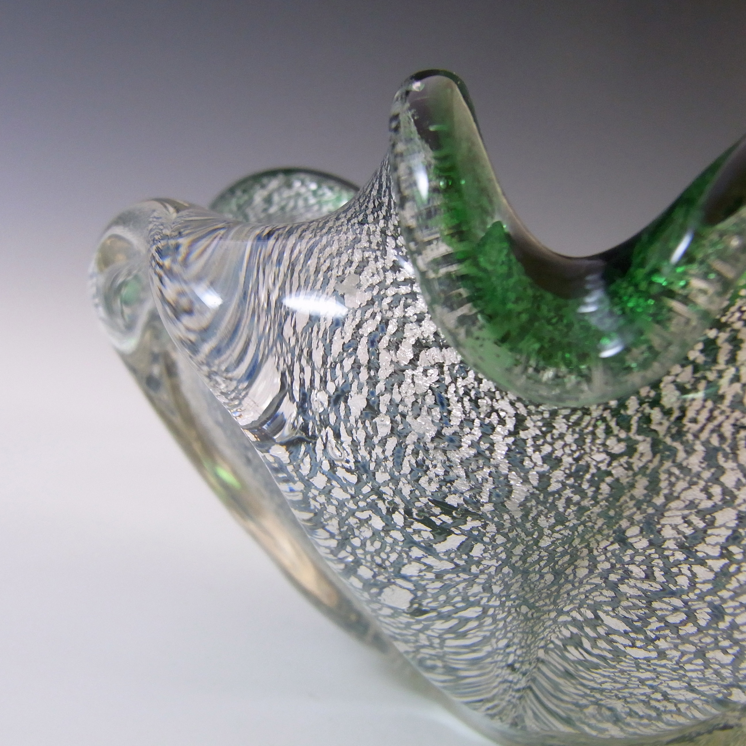 Murano/Venetian Vintage Silver Leaf Green Cased Glass Bowl - Click Image to Close