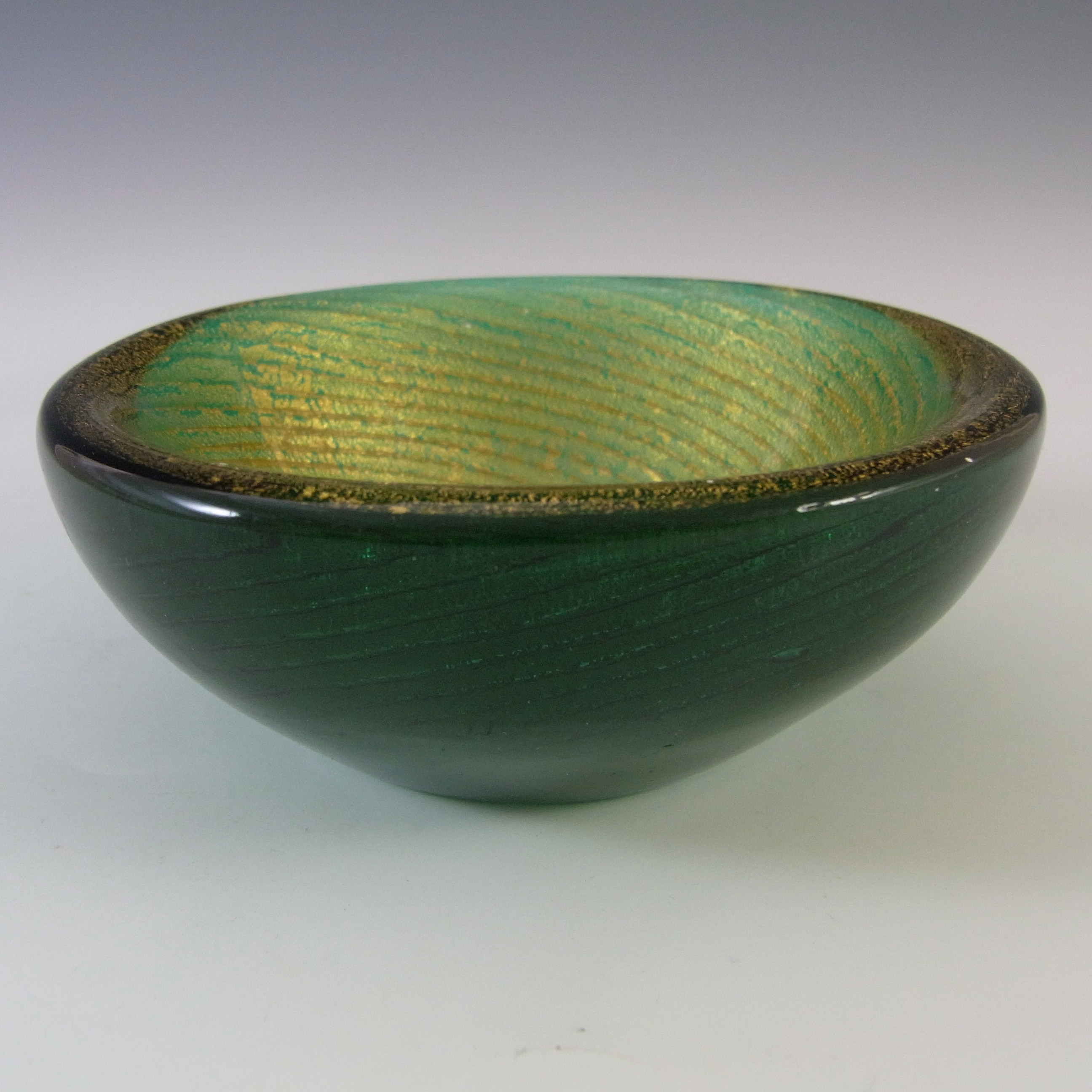 Murano/Venetian Spiral Gold Leaf Green Cased Glass Bowl - Click Image to Close