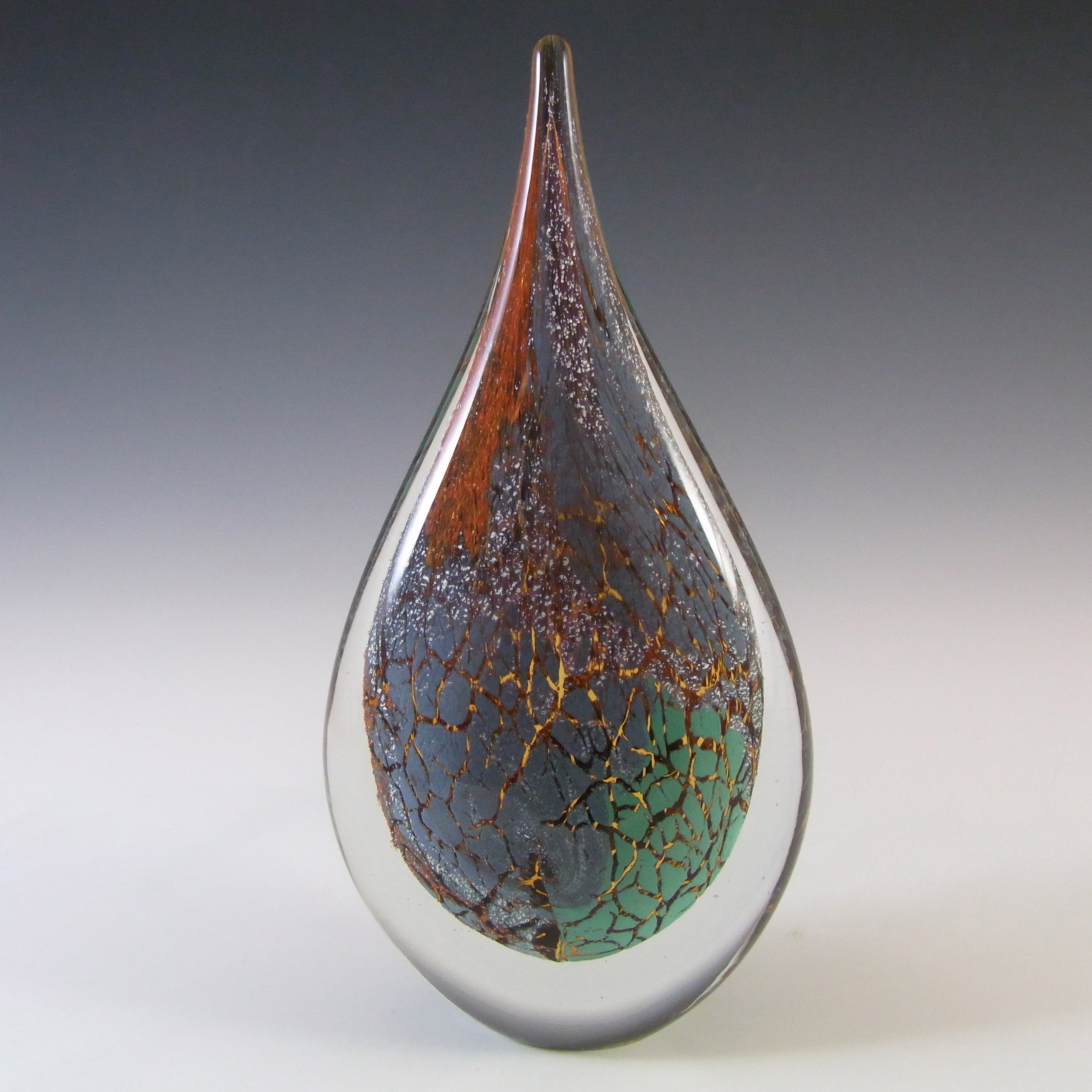 Chinese Green, Orange, Black & White Mottled Glass Teardrop Paperweight - Click Image to Close