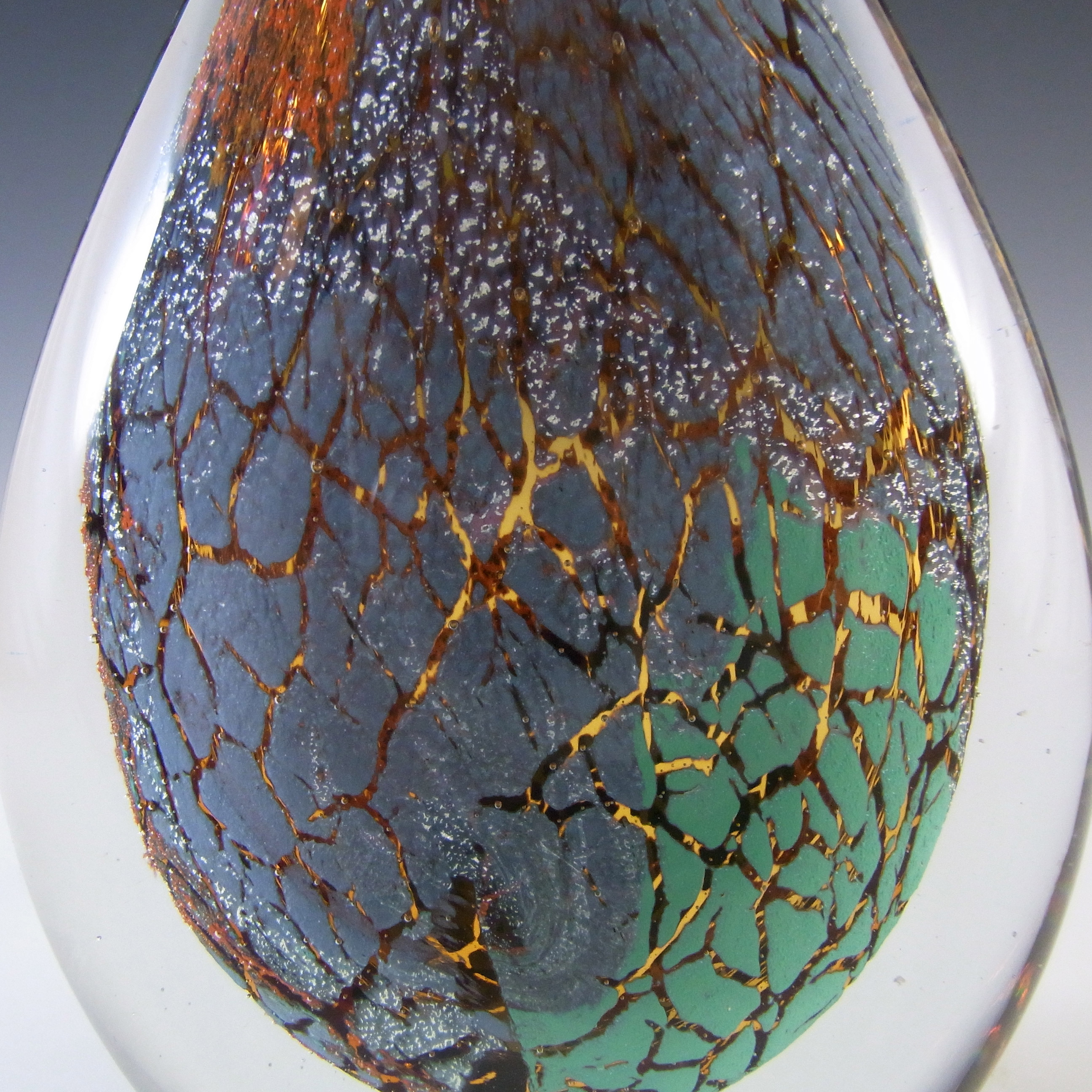 (image for) Chinese Green, Orange, Black & White Mottled Glass Teardrop Paperweight - Click Image to Close
