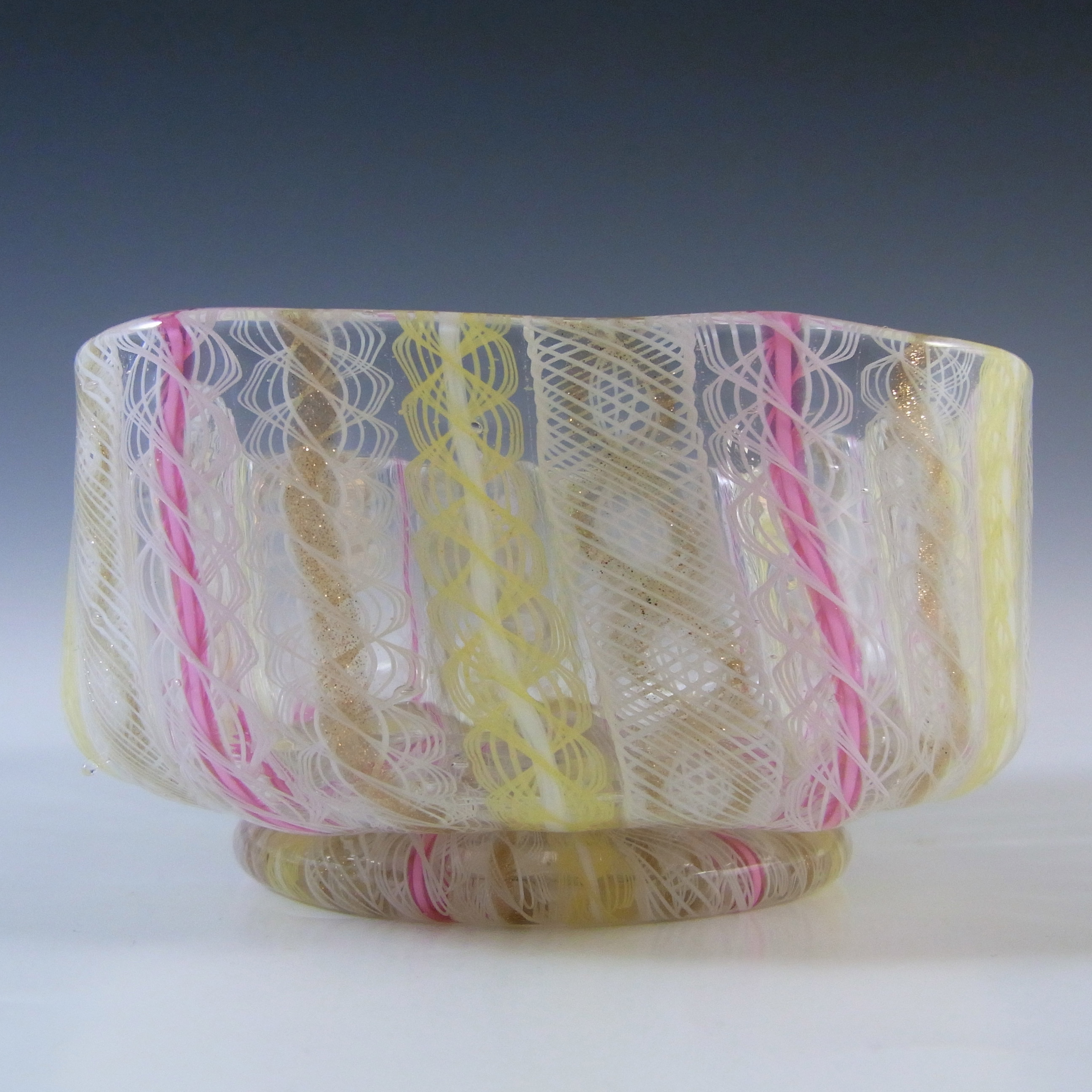 (image for) Salviati Murano Zanfirico & Aventurine Yellow & Pink Glass Finger Bowl - Click Image to Close