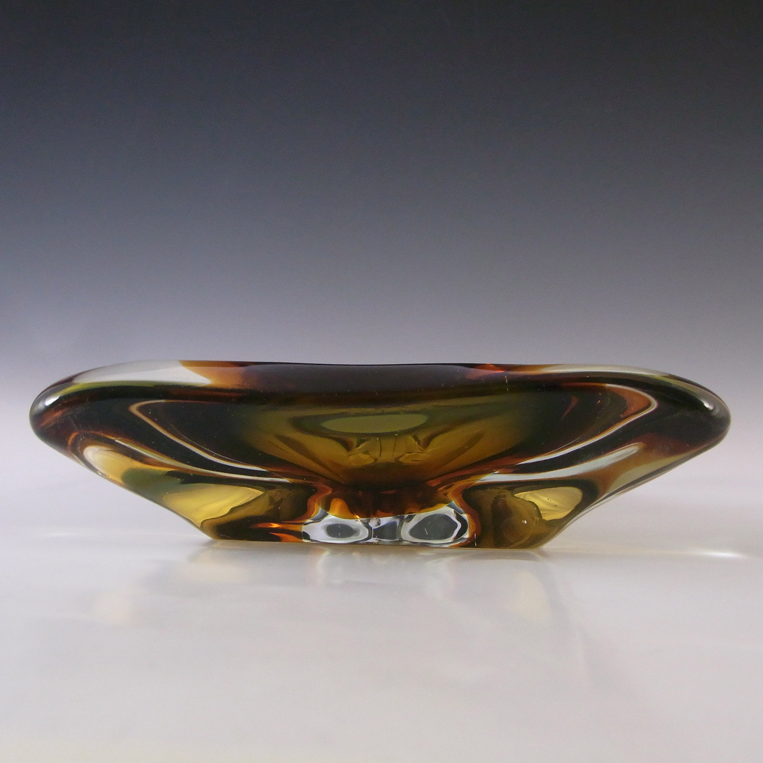 Arte Nuova Murano Green & Amber Sommerso Biomorphic Glass Bowl - Click Image to Close