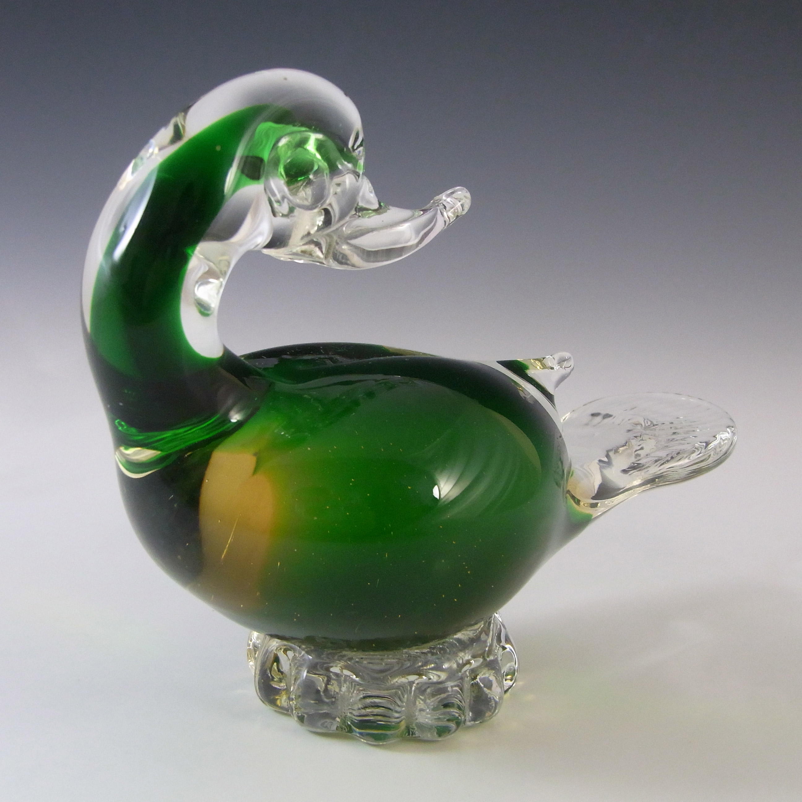 Duck  Figurine or Paperweight Amber Green Silver Glass-Multi Coloured Clear