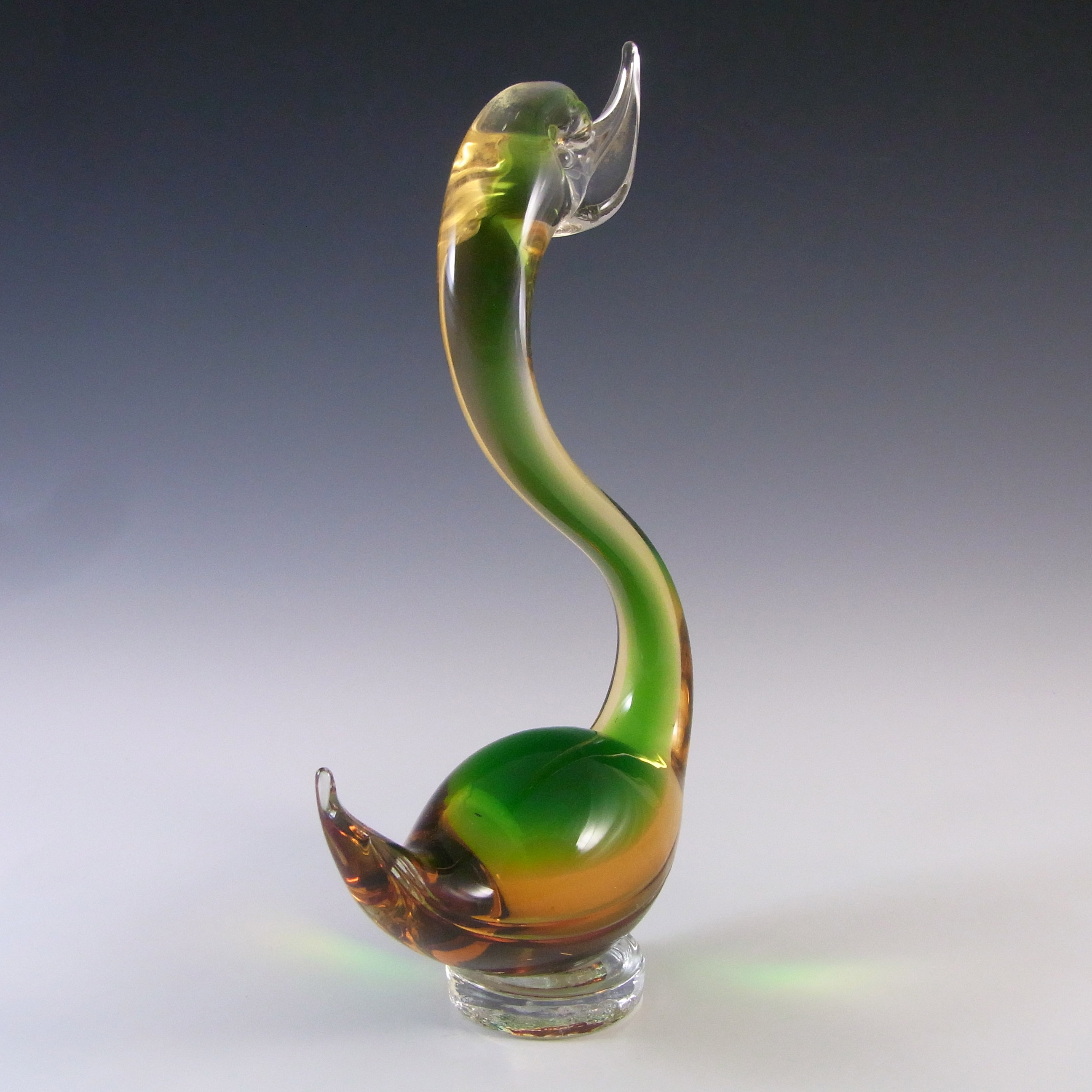 (image for) Murano Vintage Green & Amber Venetian Glass Swan Sculpture - Click Image to Close