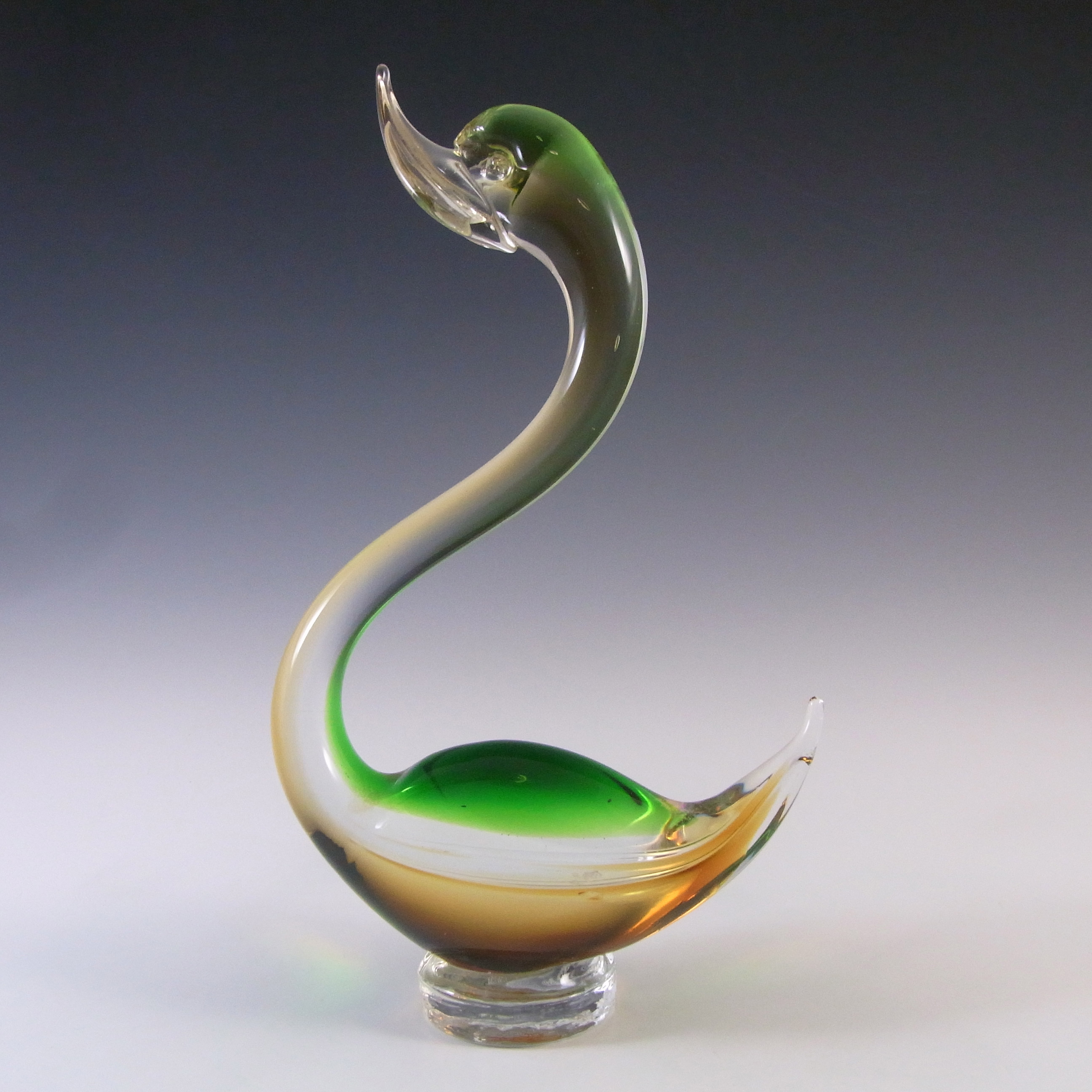 Murano Vintage Green & Amber Venetian Glass Swan Sculpture - Click Image to Close