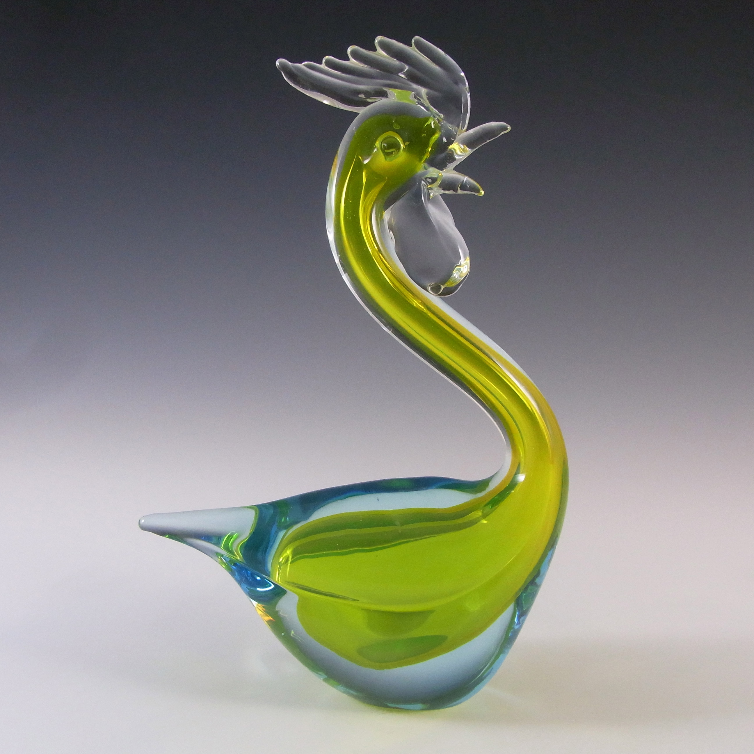 Murano Vintage Yellow & Blue Sommerso Glass Cockerel Figurine - Click Image to Close